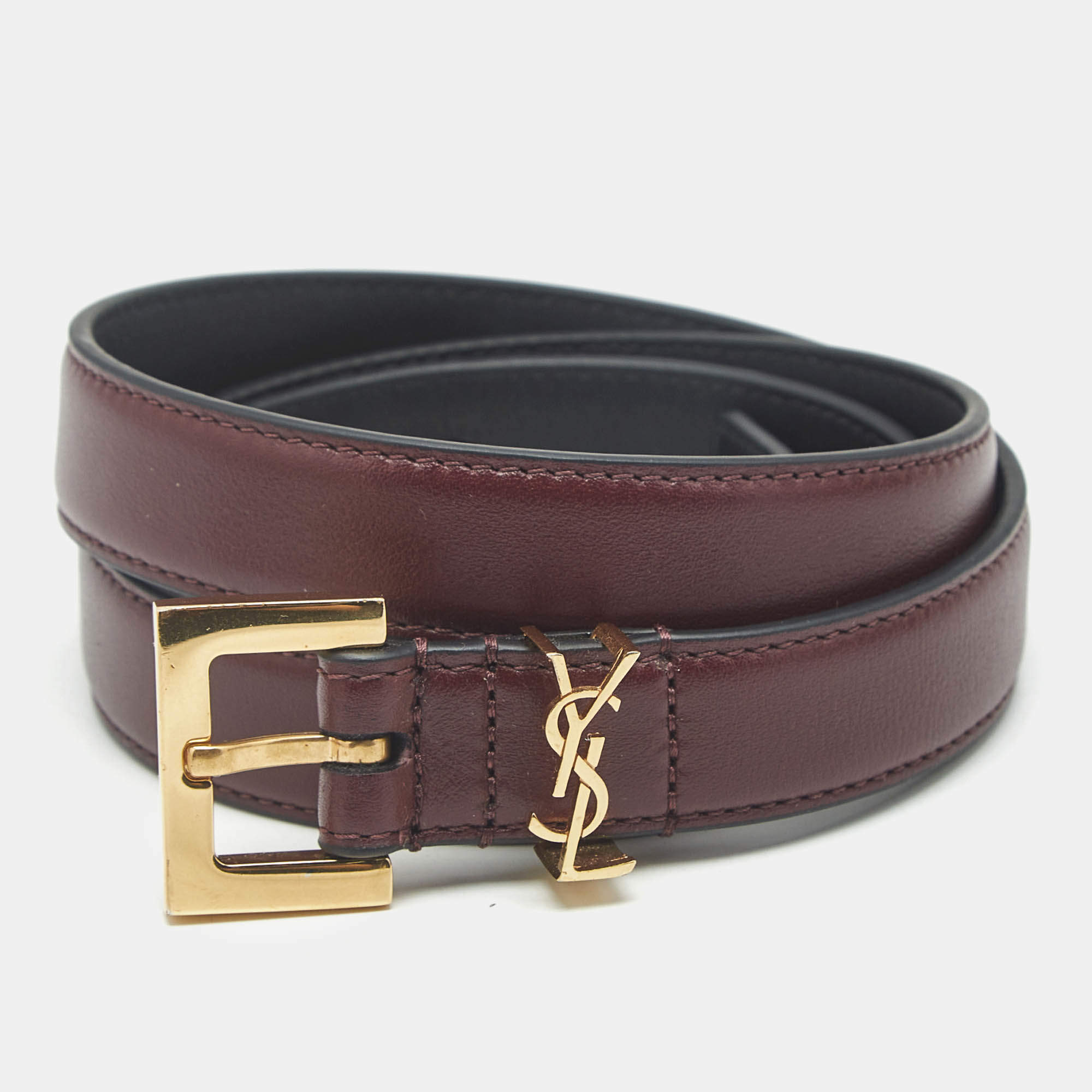 Pre Owned Saint Laurent Cassandre 80 CM Slim Buckle Belt Burgundy Leather
