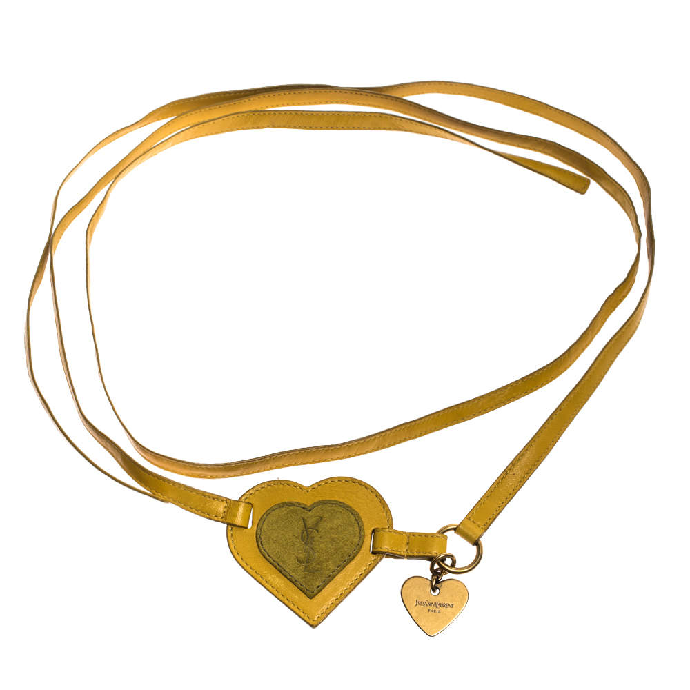 Pre Owned Saint Laurent Paris Yellow Leather and Suede Heart Waist Belt 90CM