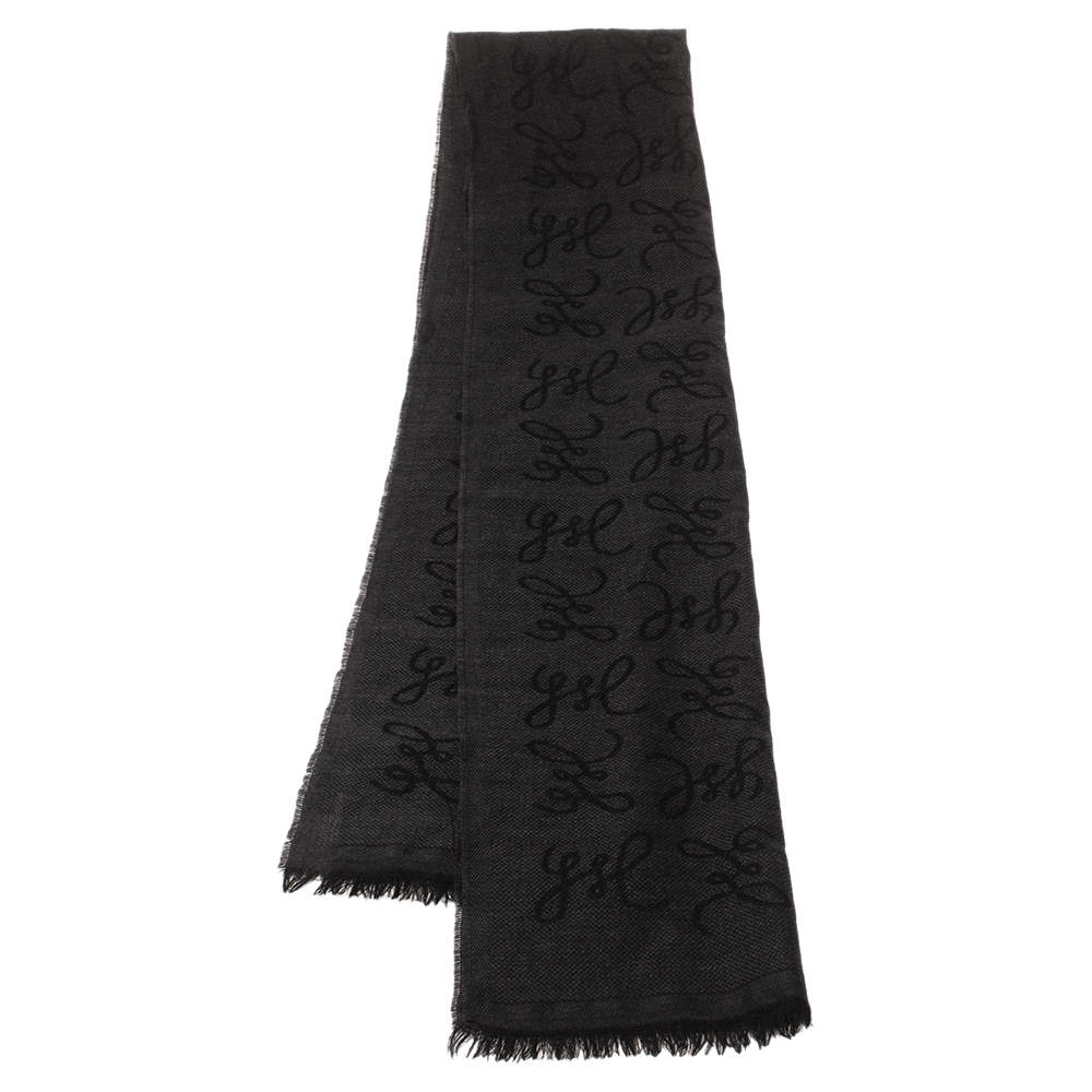 Yves Saint Laurent Black Jacquard Signature Wool Scarf