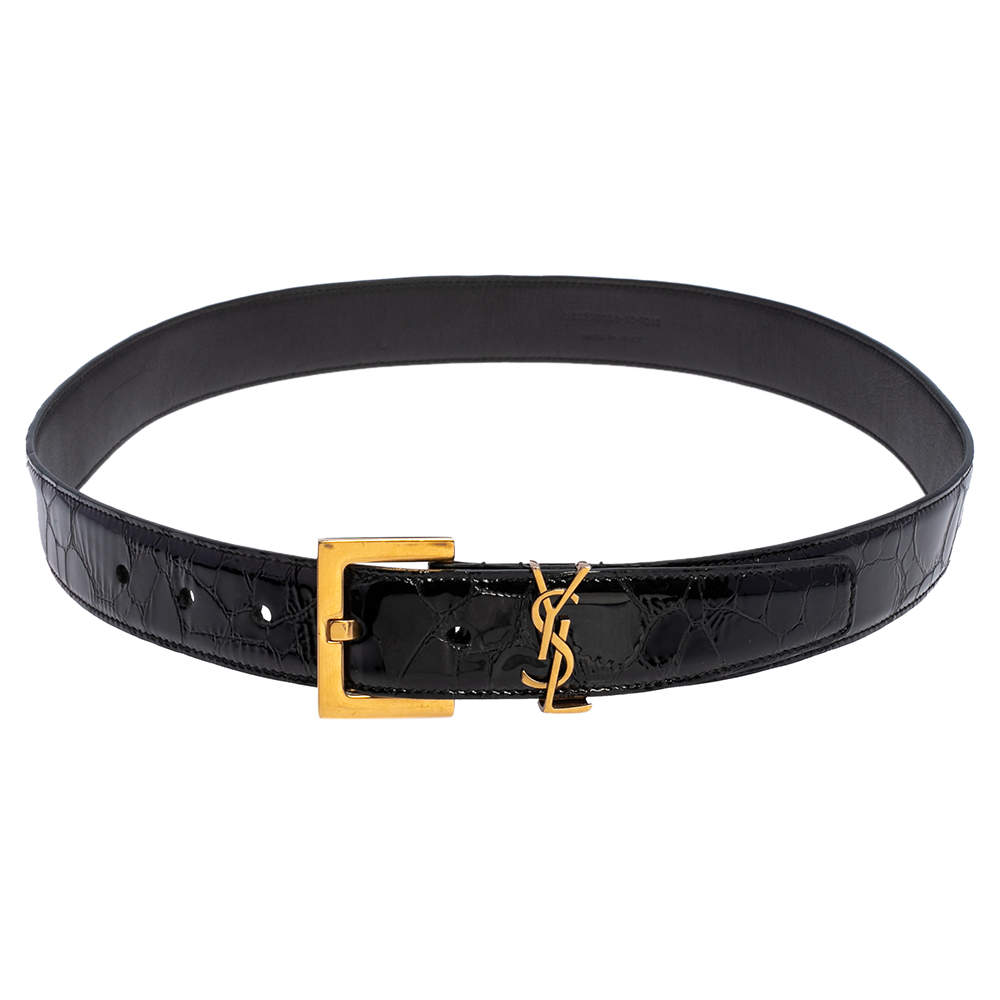 Pre Owned Saint Laurent Black Croc Embossed Patent Leather Monogram Square Buckle Belt 80 CM