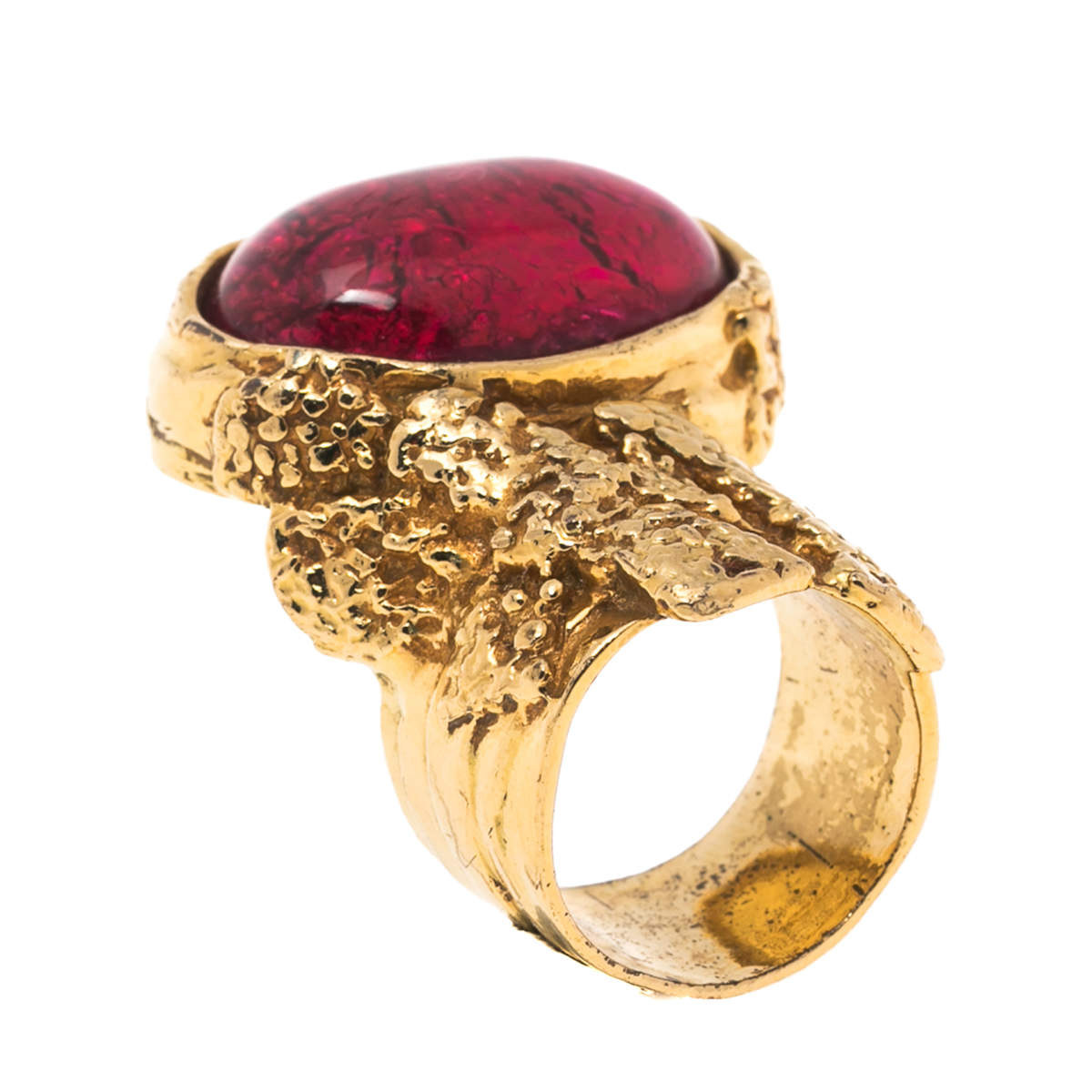 Pre Owned Yves Saint Laurent Magenta Glass Cabochon Gold Tone Arty Ring Size 8