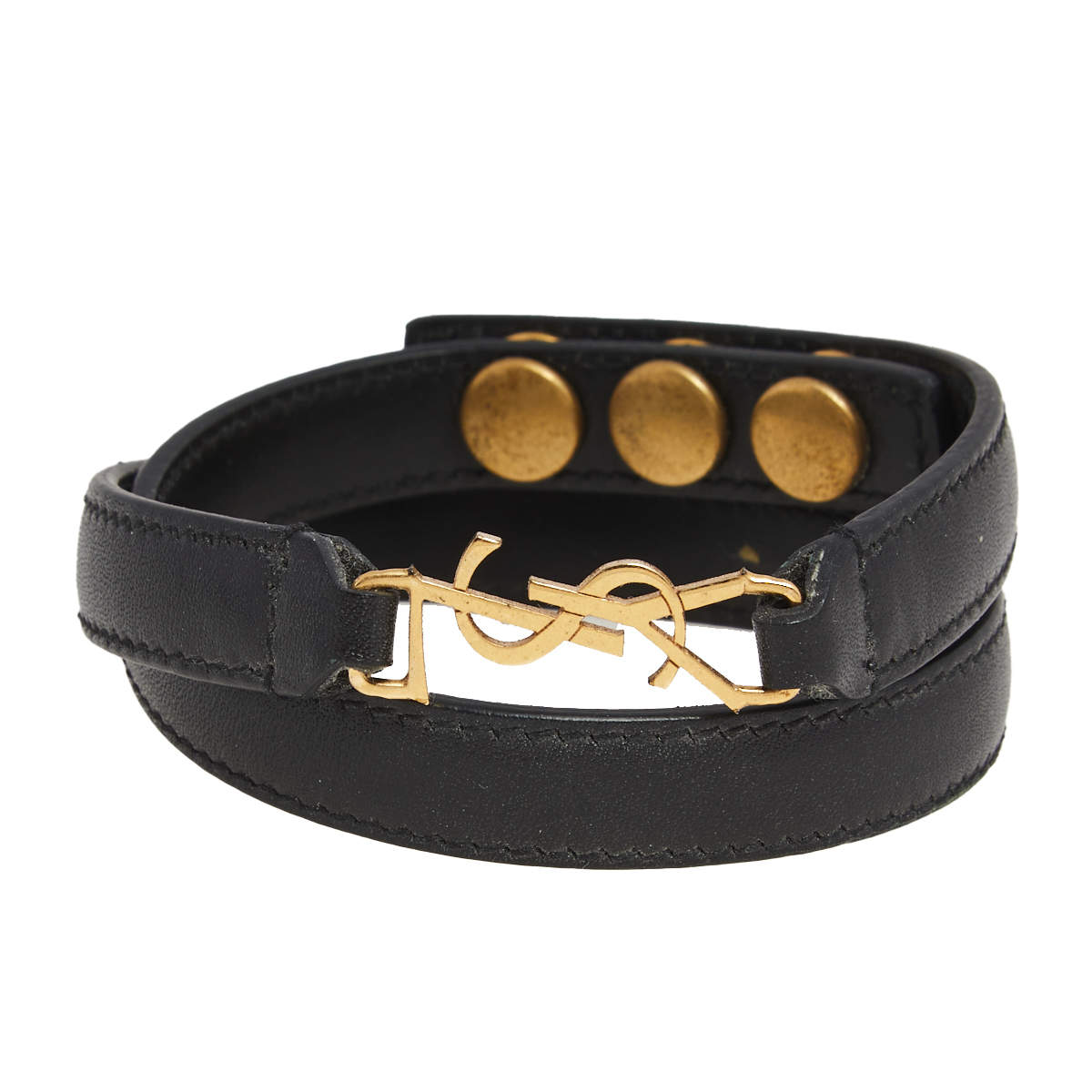 مملوكة مسبقًا Saint Laurent Black Leather Double Wrap Bracelet