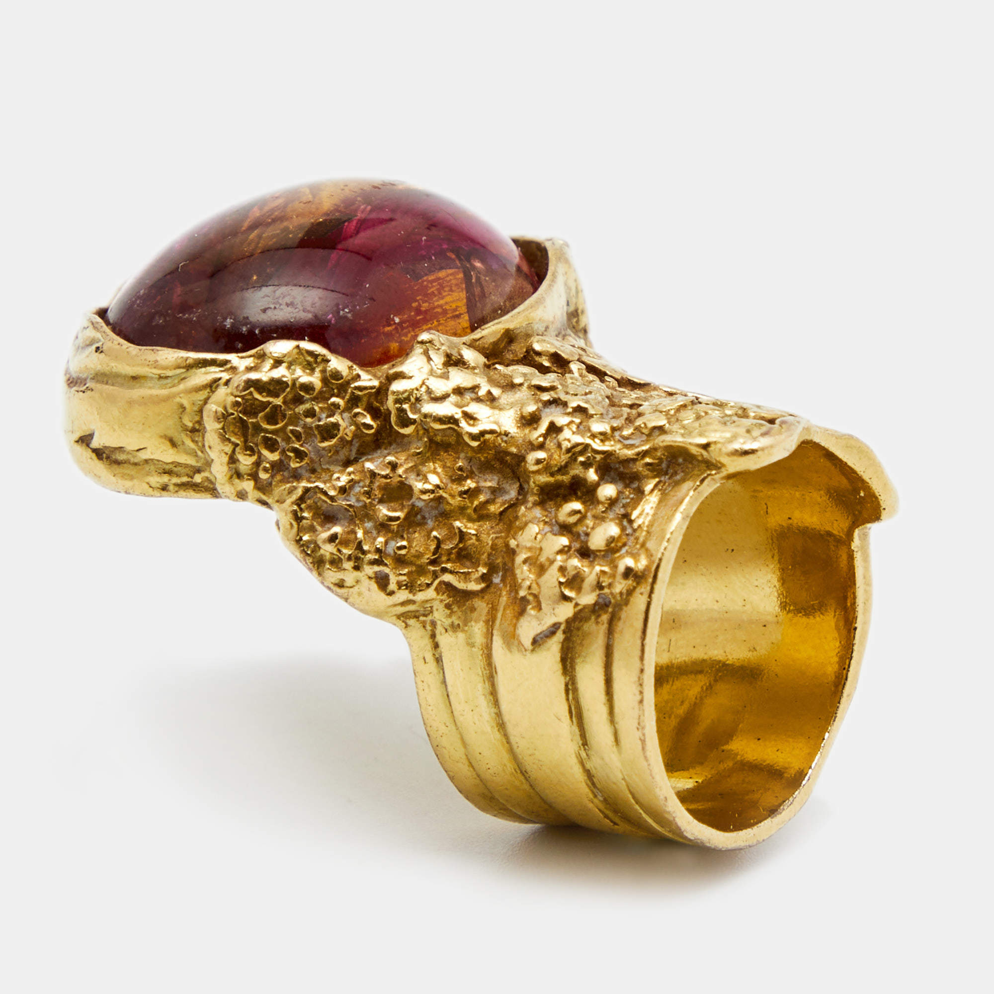 Pre Owned Yves Saint Laurent Multi Color Glass Cabochon Arty Gold Tone Ring Size 53