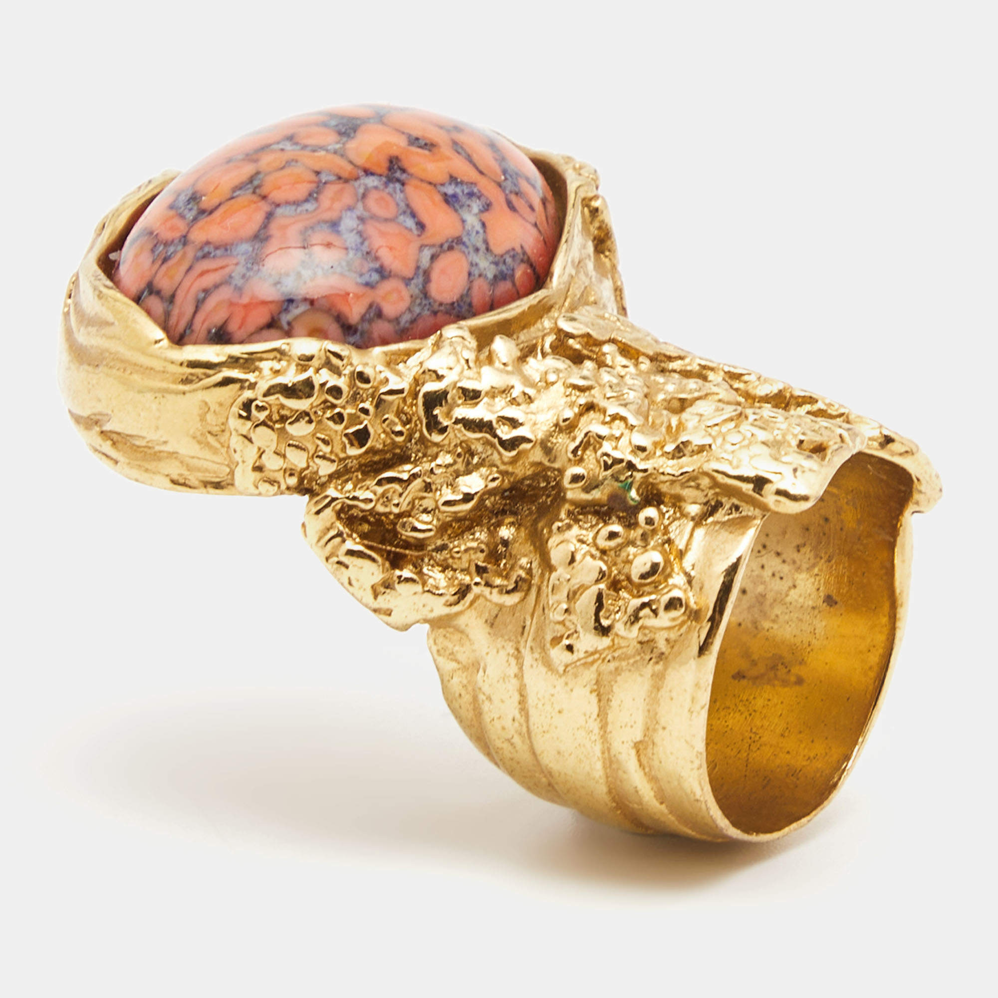 Saint Laurent Arty Glass Cabachon Gold Tone Ring Size 54