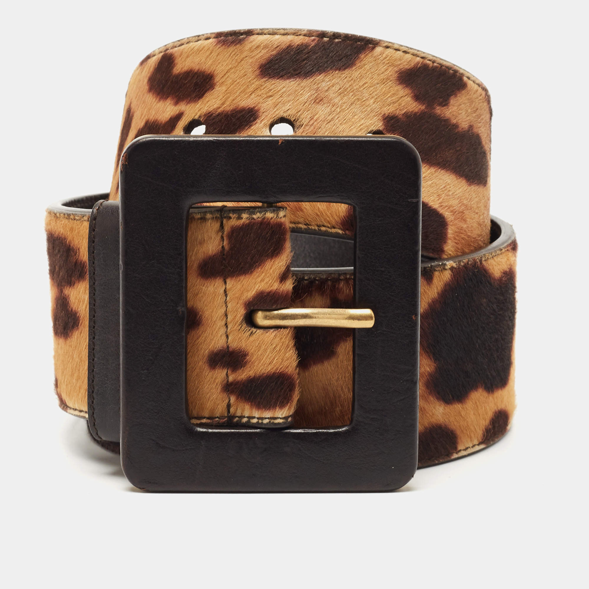 Saint Laurent Brown Leopard Print Calfhair and Leather Wide Buckle Belt 80CM