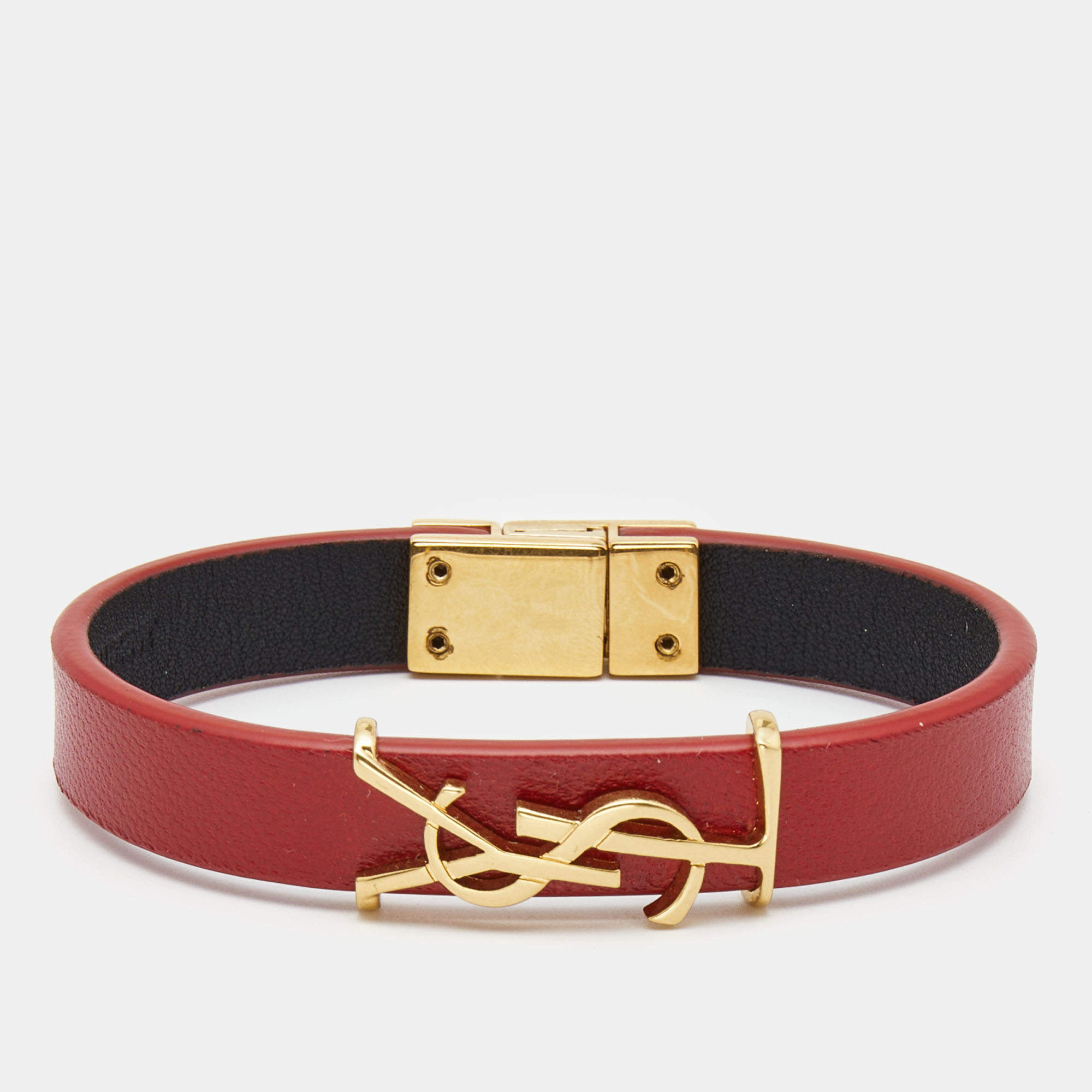 Pre Owned Saint Laurent Opyum Leather Gold Tone Bracelet