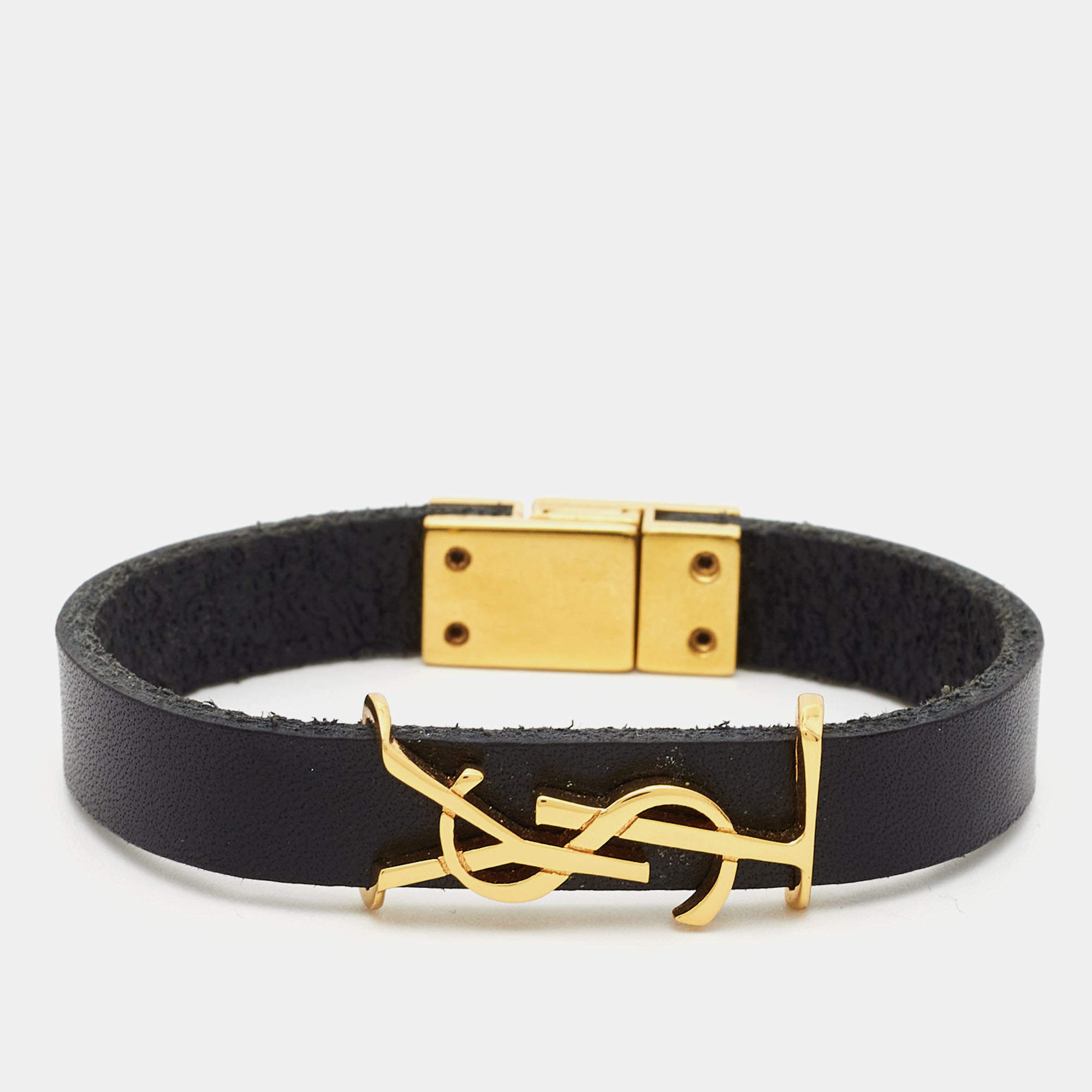 Pre Owned Saint Laurent Opyum Black Leather Gold Tone Bracelet