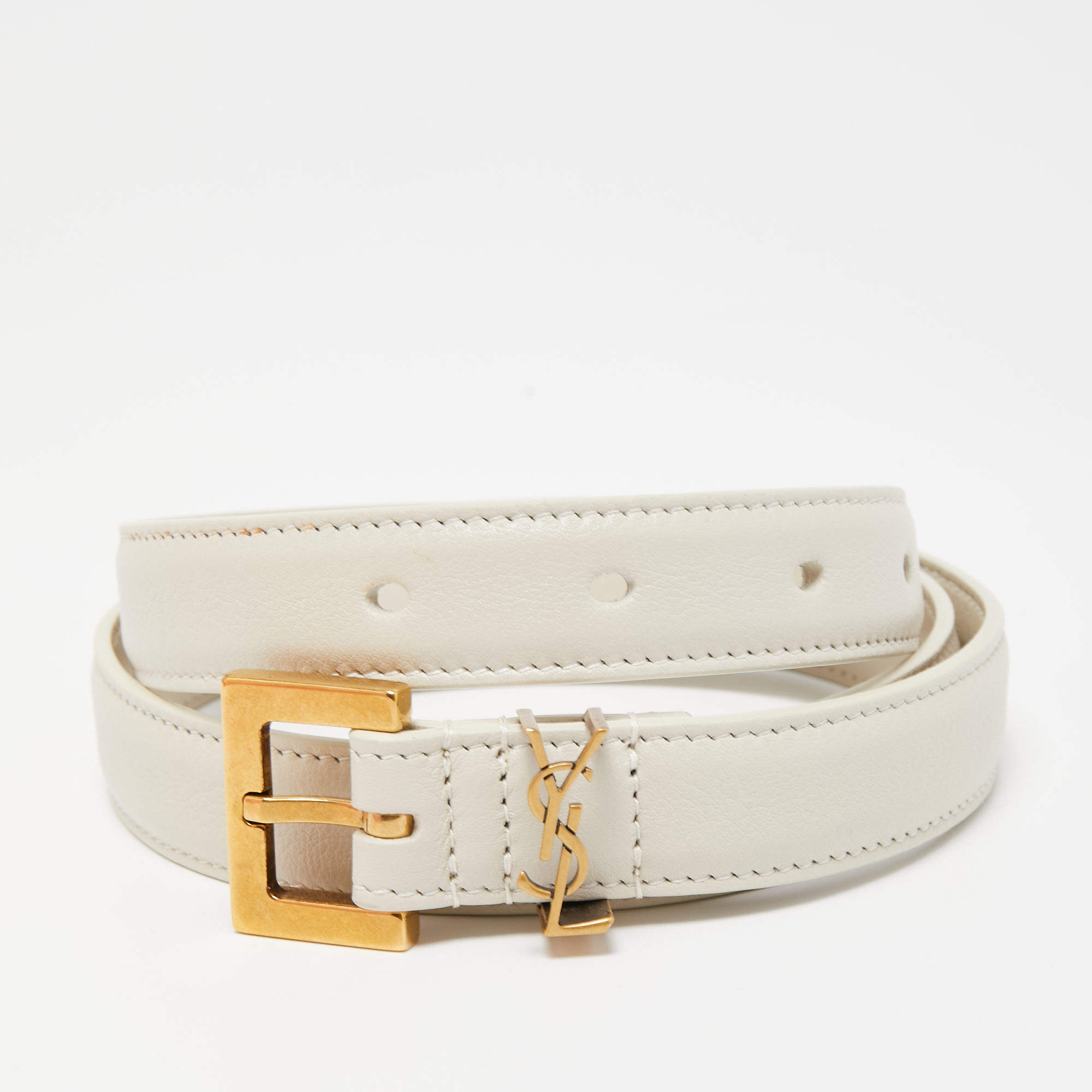 Pre Owned Saint Laurent White Leather Monogram Square Buckle Belt 75CM
