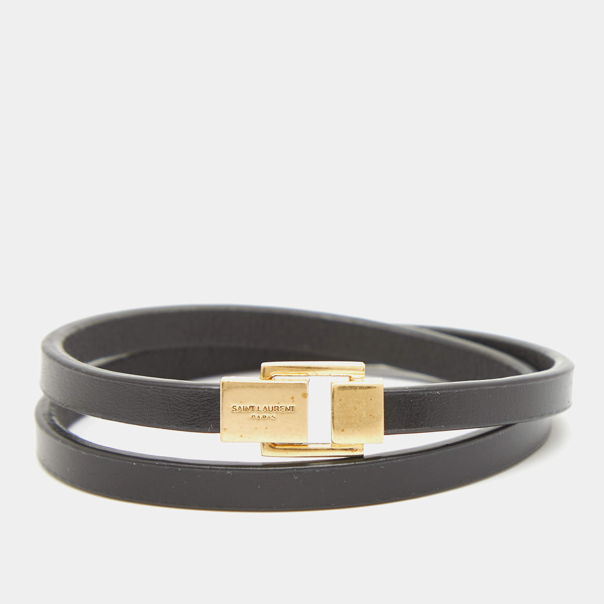 Pre Owned Saint Laurent Le Carre Leather Gold Tone Double-Wrap Bracelet