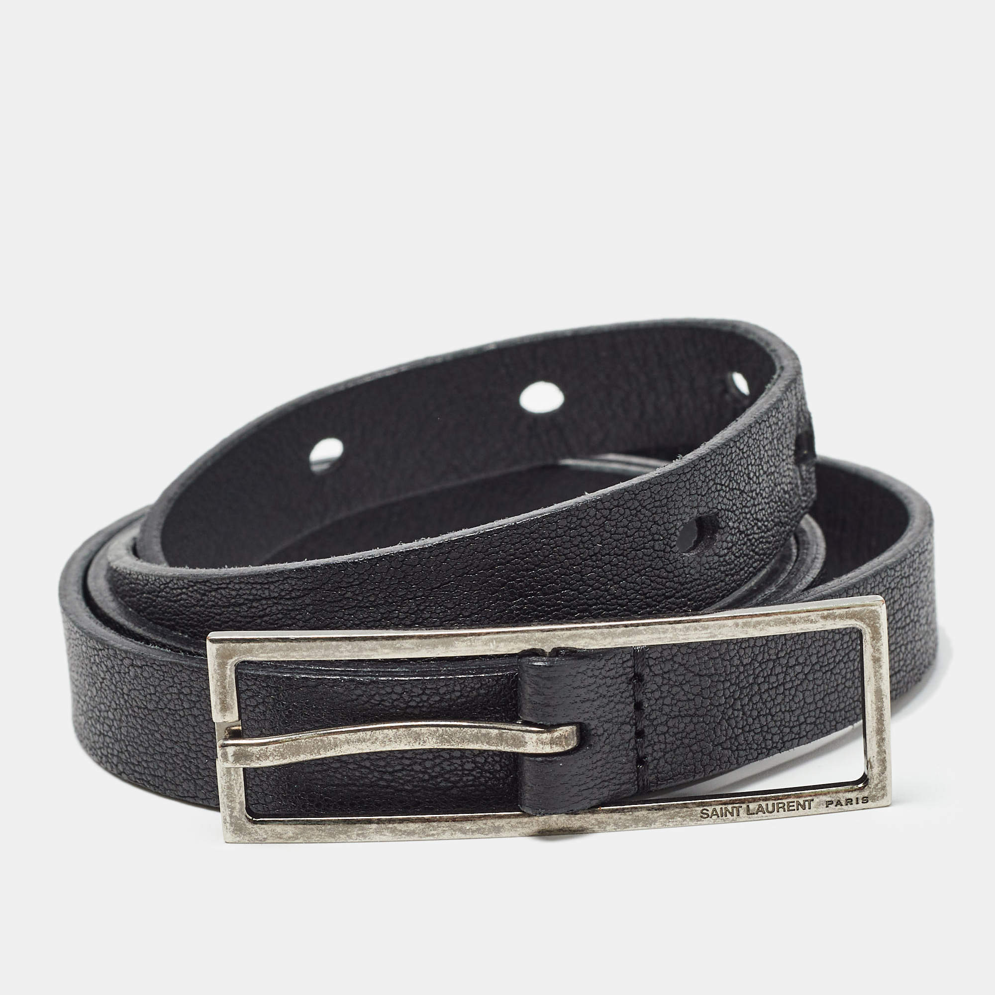 Pre Owned Saint Laurent Black Leather Slim Buckle Belt 80CM