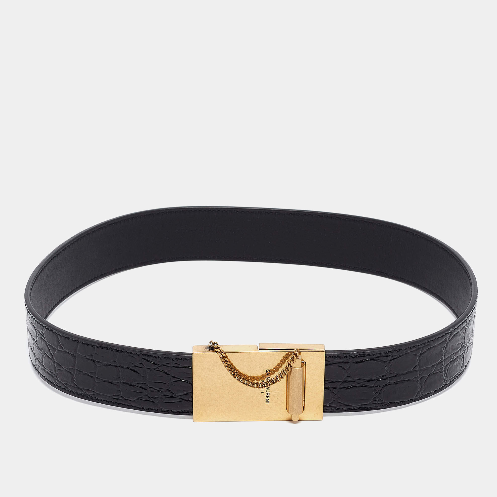 Pre Owned Saint Laurent Black Croc Embossed Leather Chaine Et Baton Belt 70CM