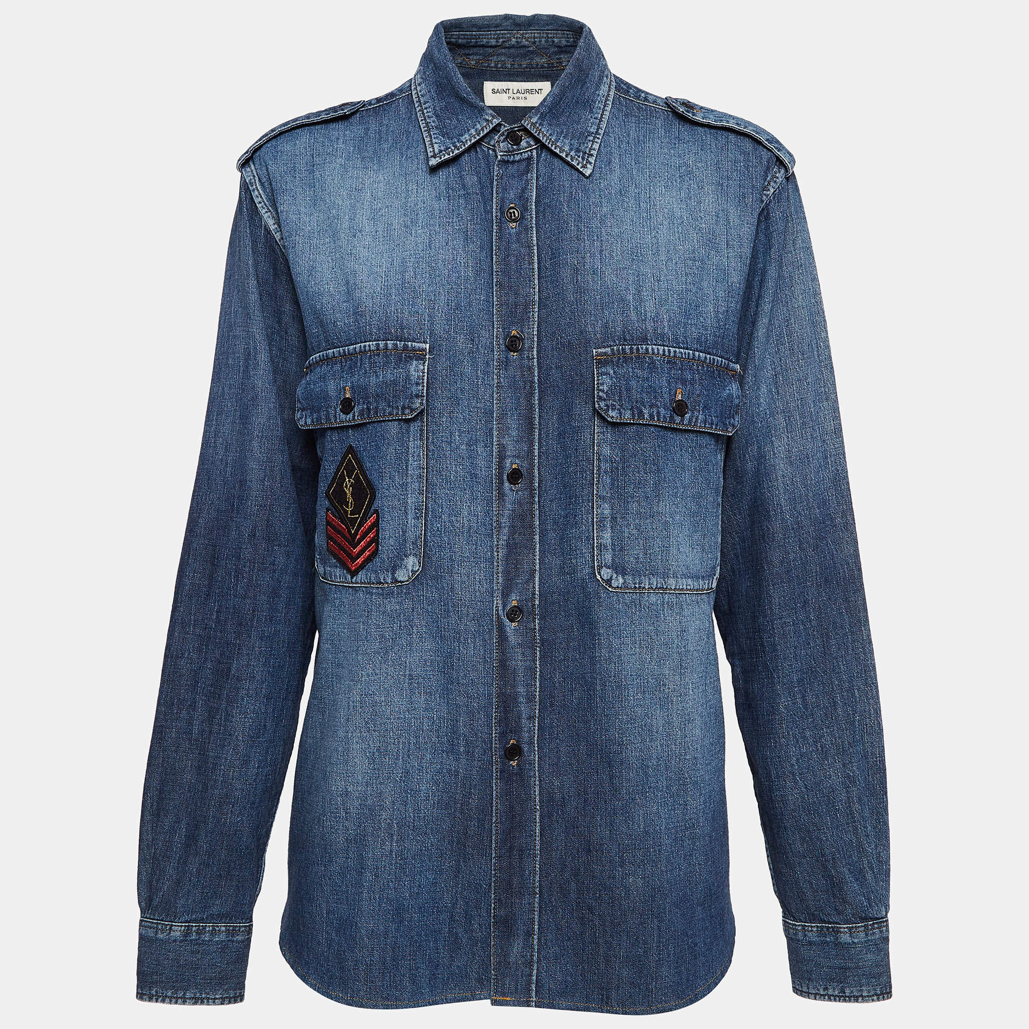 Pre Owned Saint Laurent Paris Blue Denim Military Patch Buttoned Up Shirt L