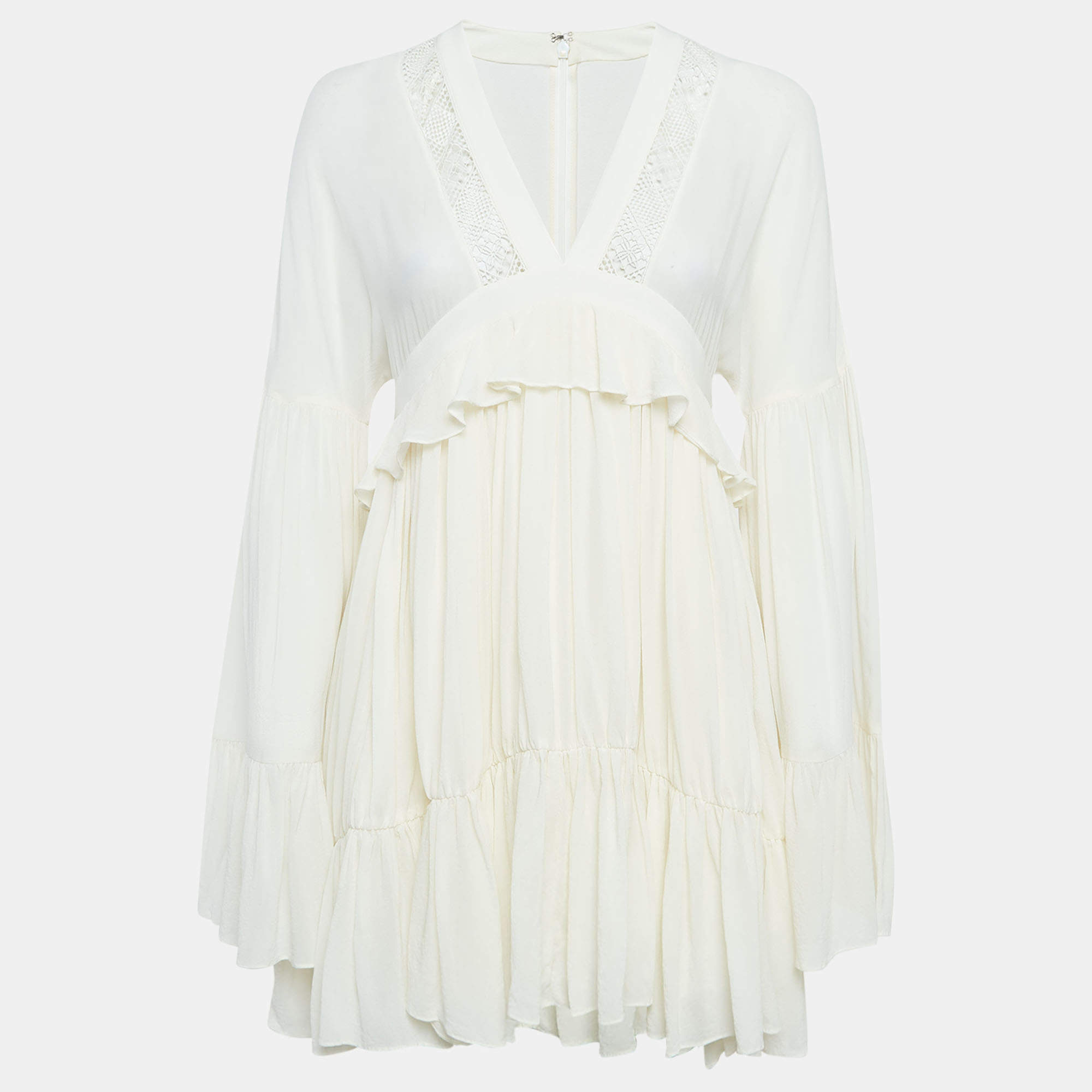 Pre Owned Saint Laurent Paris Off-White Silk Ruffled Mini Dress S