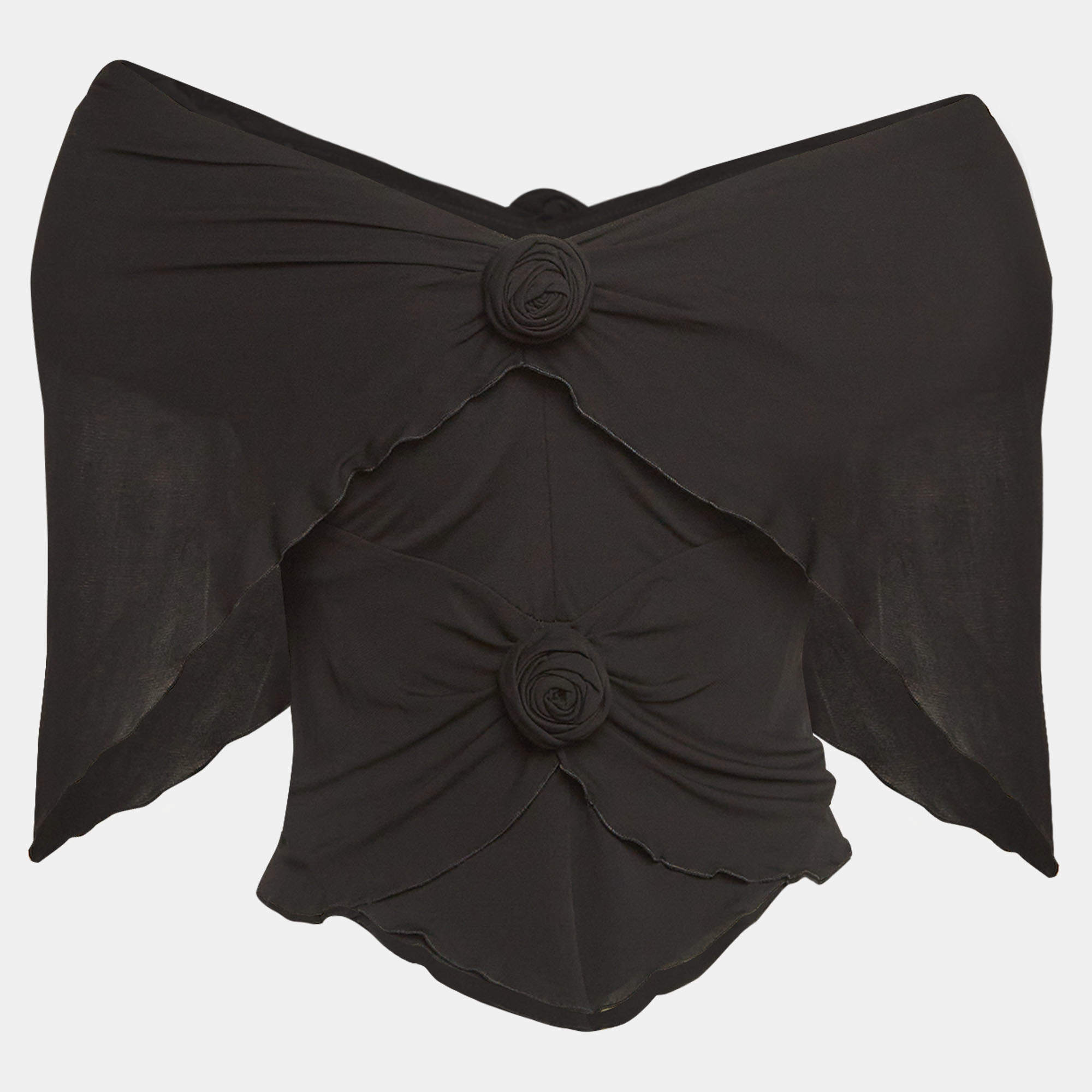 Pre Owned Saint Laurent Paris Black Knit Ruffled Rose Detail Top M