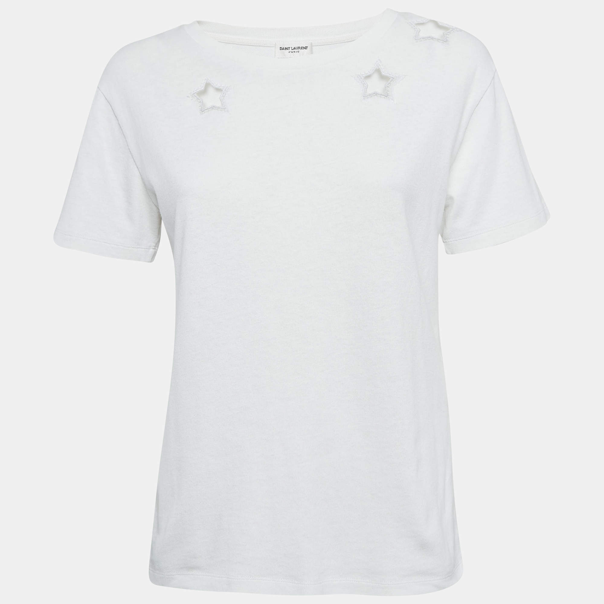 Saint Laurent Paris White Cotton Star Cut-Out Detail T-Shirt XS