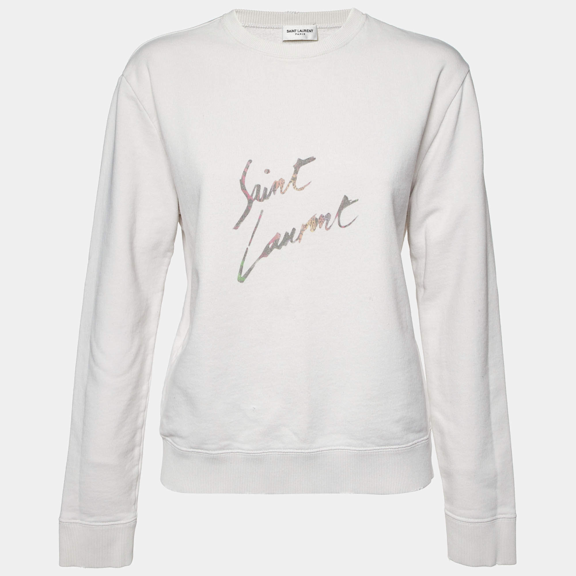 Pre Owned Saint Laurent Paris Ecru Logo Print Cotton Distressed Sweatshirt S
