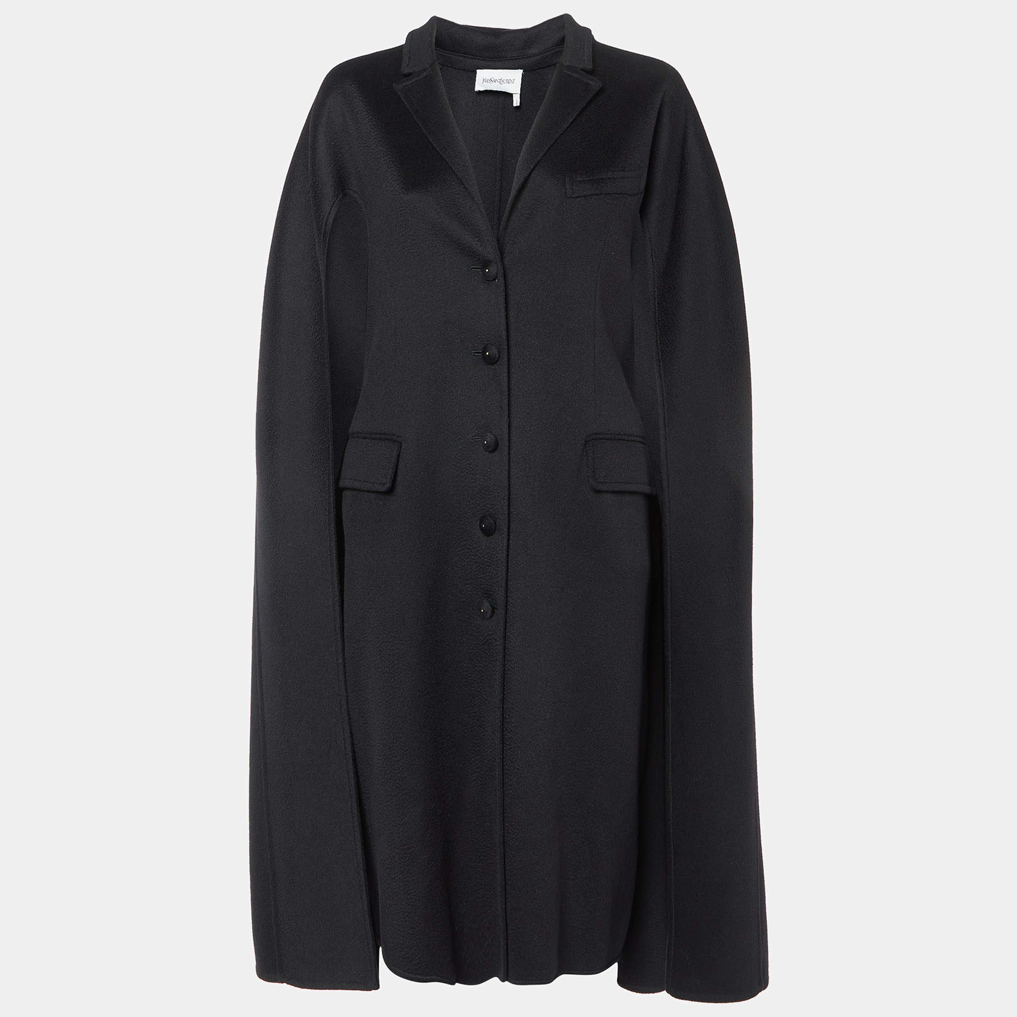 Yves Saint Laurent Vintage Black Cashmere Long Faux Cape Patterned Jacket M
