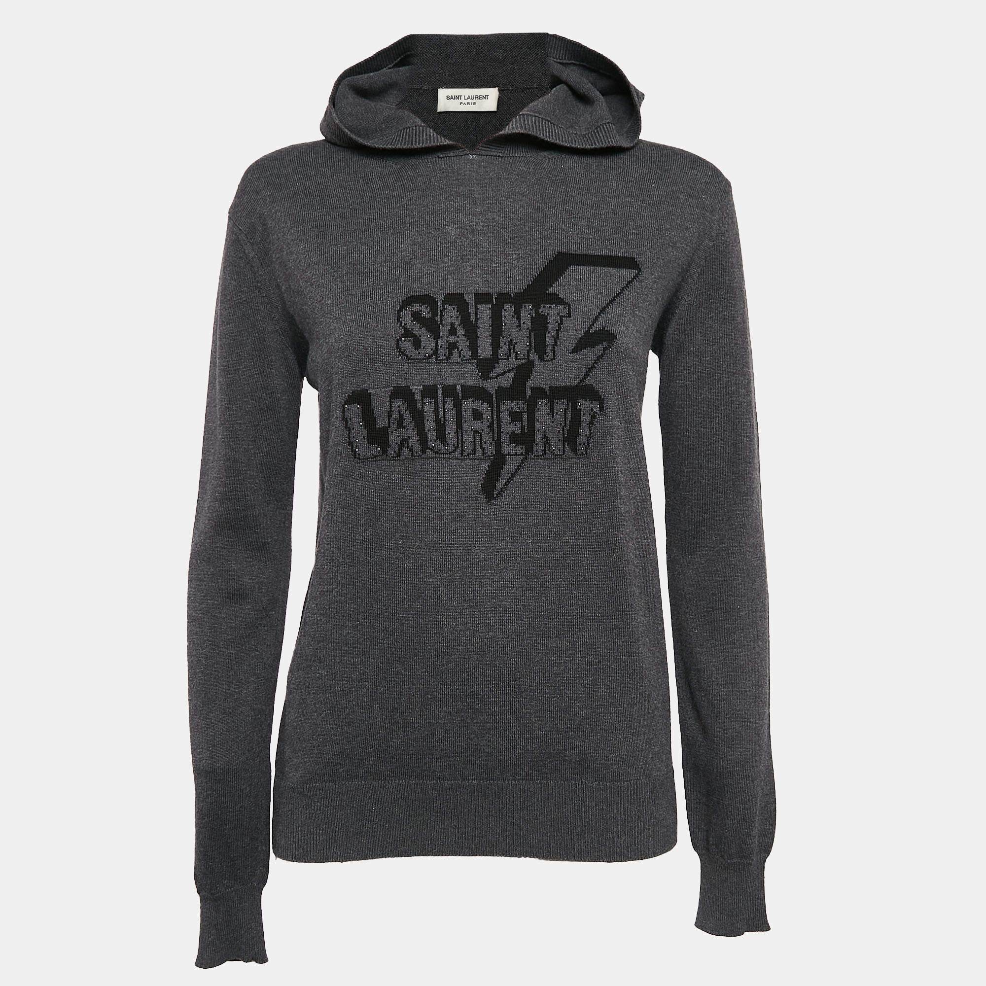 Pre Owned Saint Laurent Paris Grey Lightening Bolt Pattern Knit Hooded Sweater S