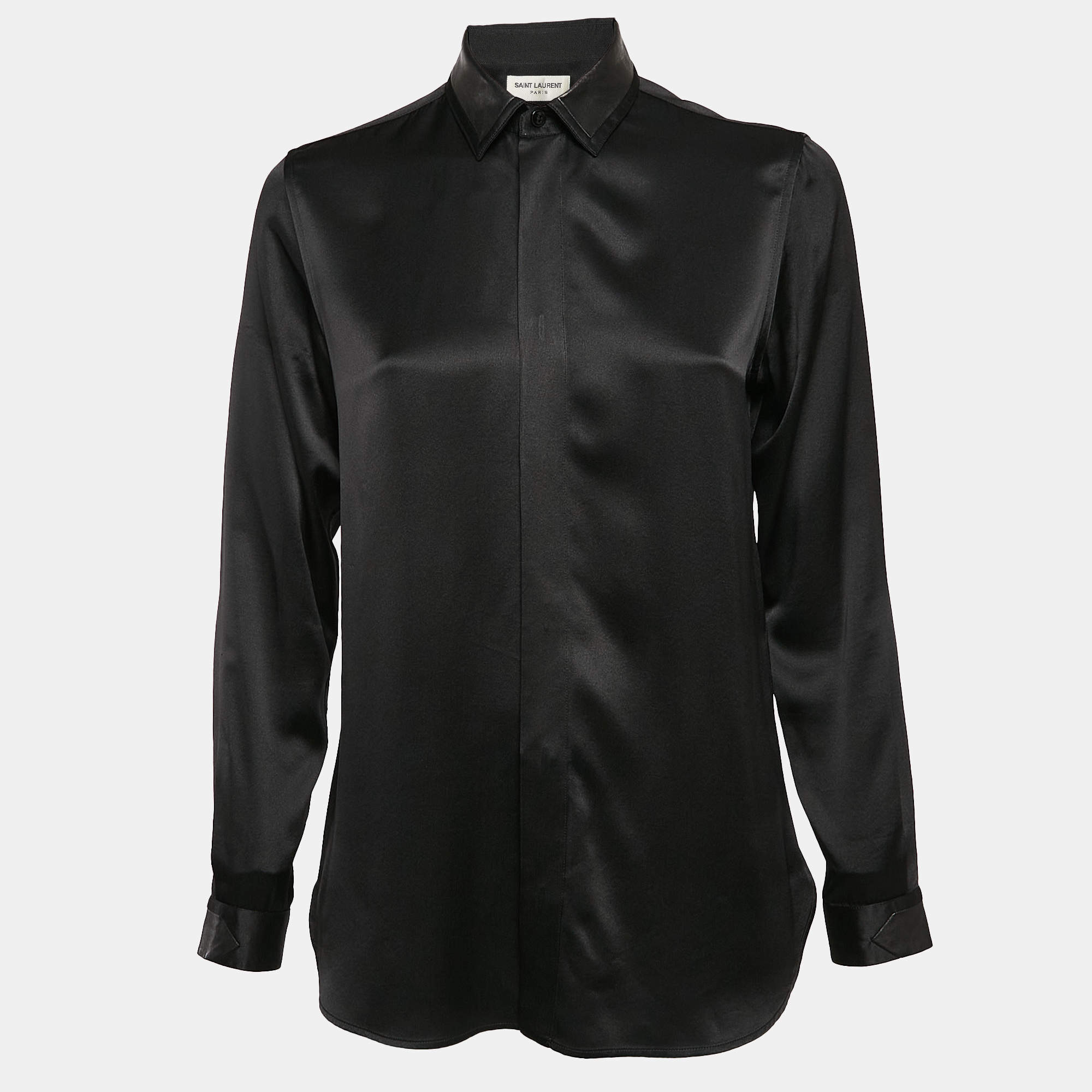 Saint Laurent Paris Black Satin Silk Leather Trim Button Front Shirt M
