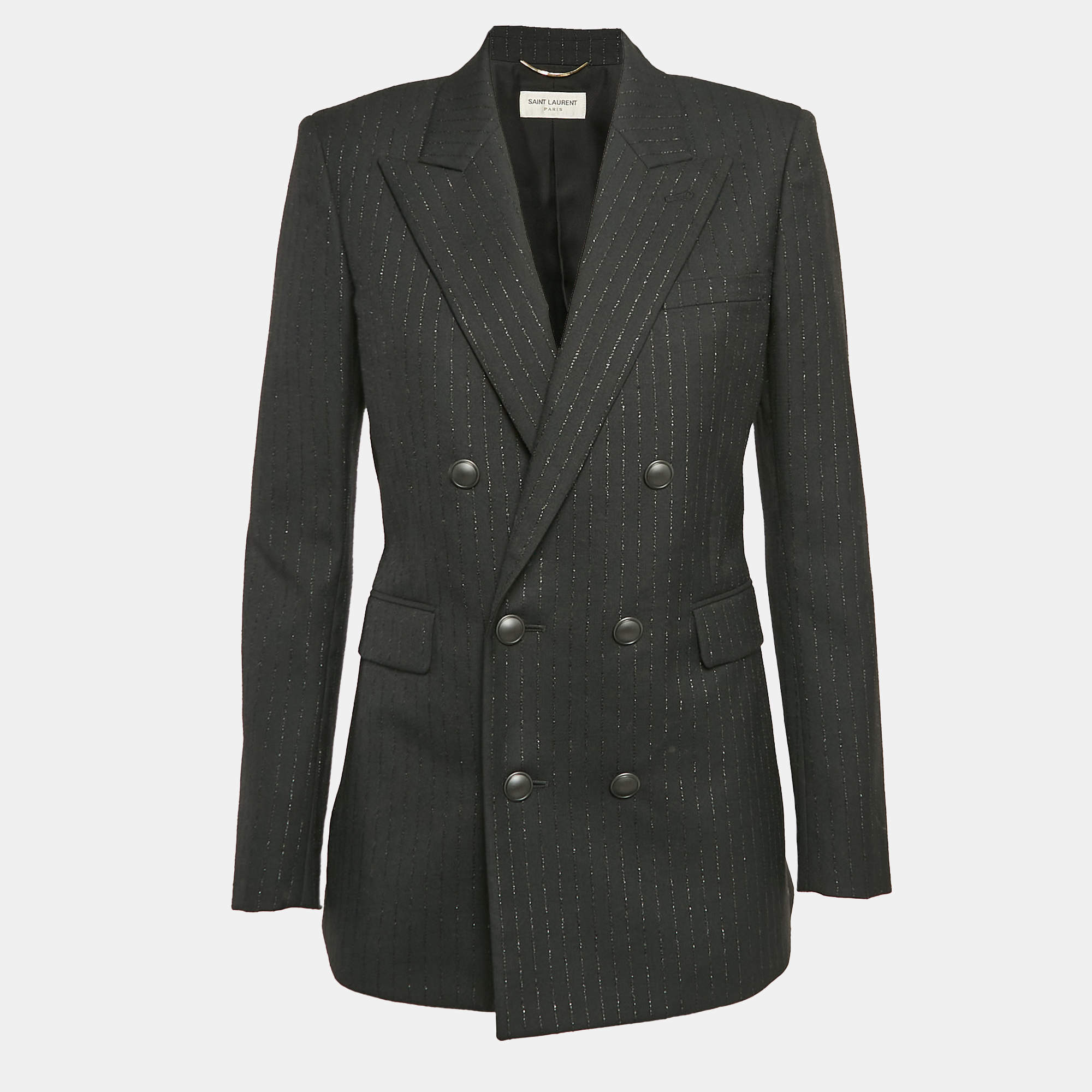 Pre Owned Saint Laurent Paris Black Stripe Wool Double Breasted Blazer M