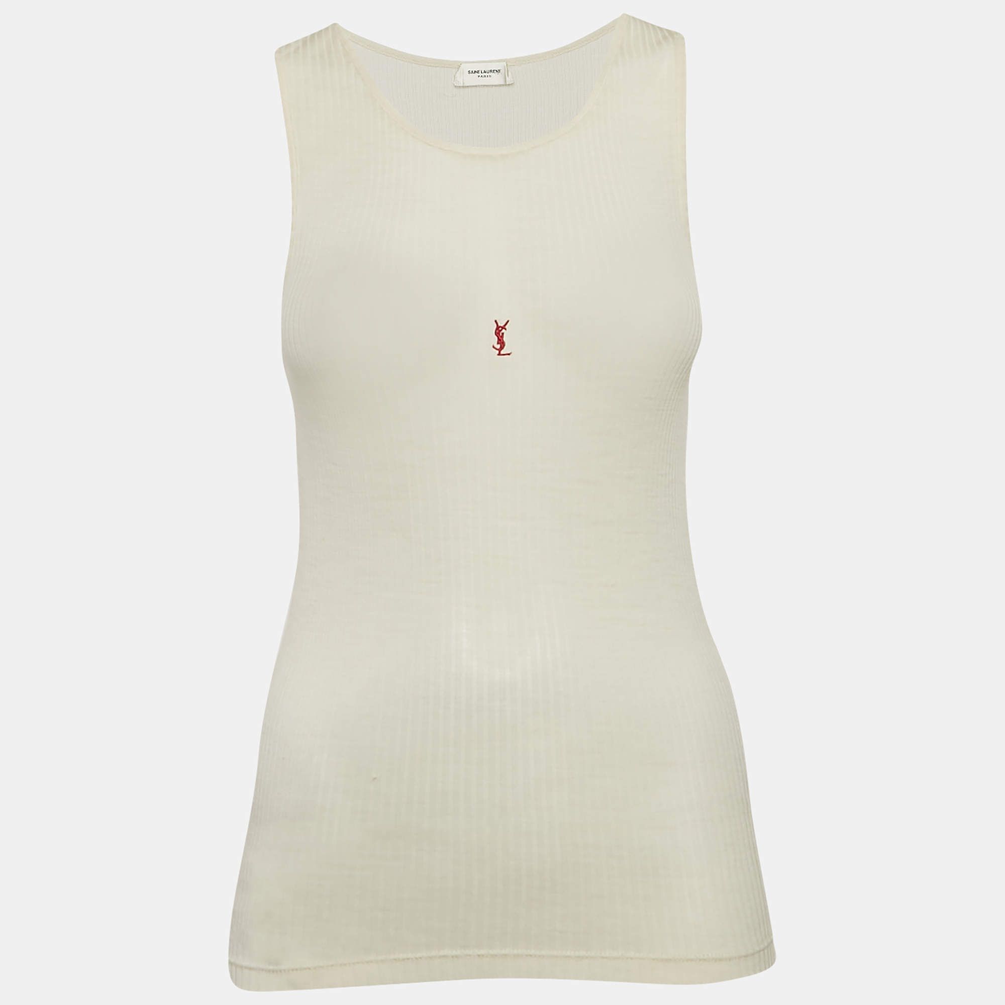 Pre Owned Saint Laurent Paris Cream Logo Embroidered Rib Knit Tank Top M