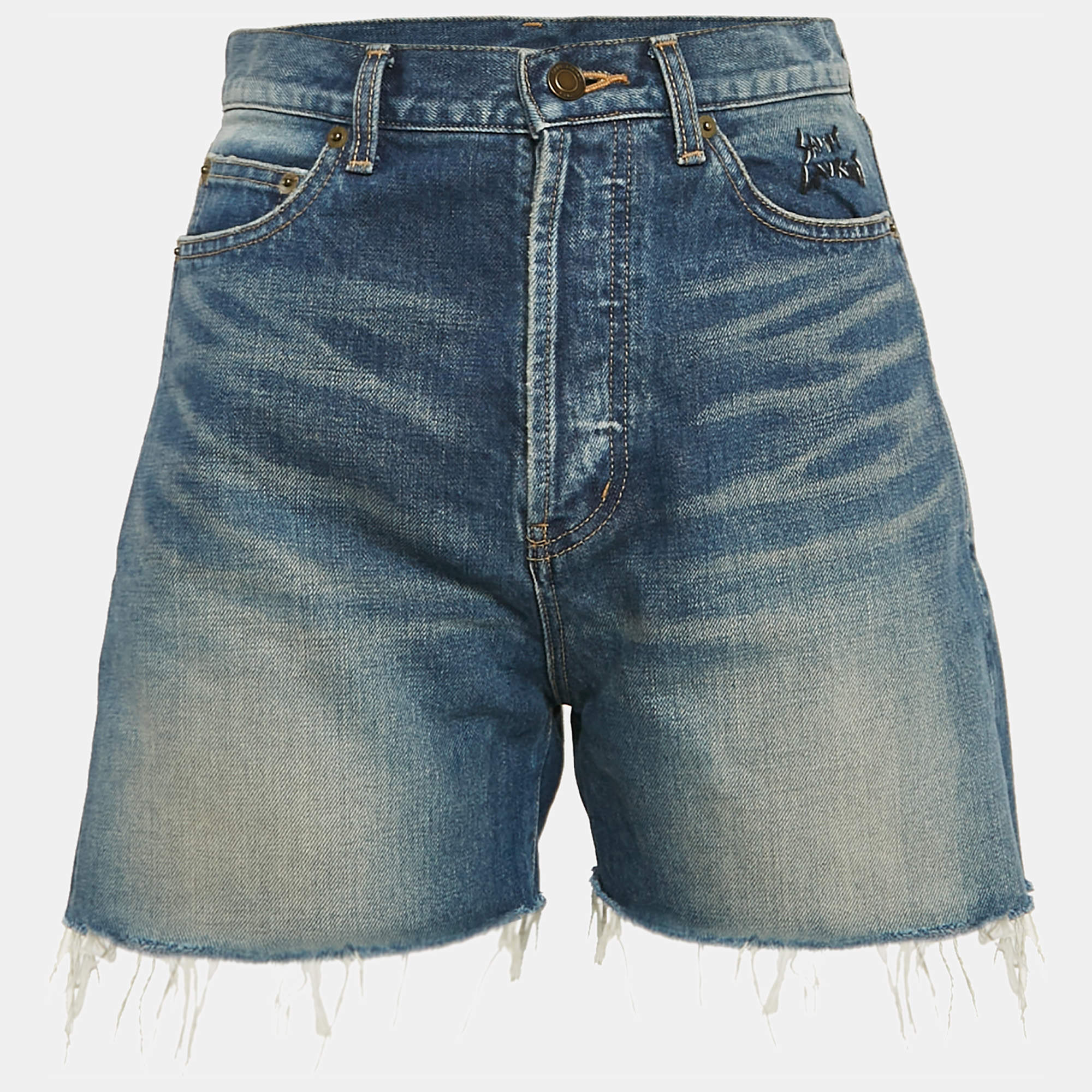 Pre Owned Saint Laurent Blue Denim Logo Embroidered Shorts M Waist 29"