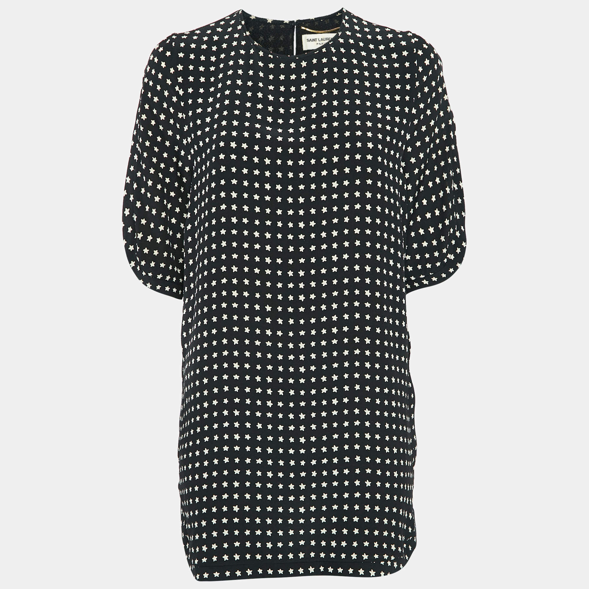 Pre Owned Saint Laurent Black Star Print Silk Mini Dress M
