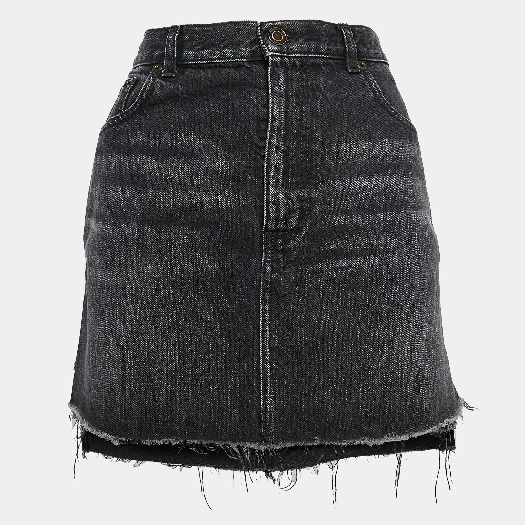 Saint Laurent Black Denim Raw Edge Mini Skirt M