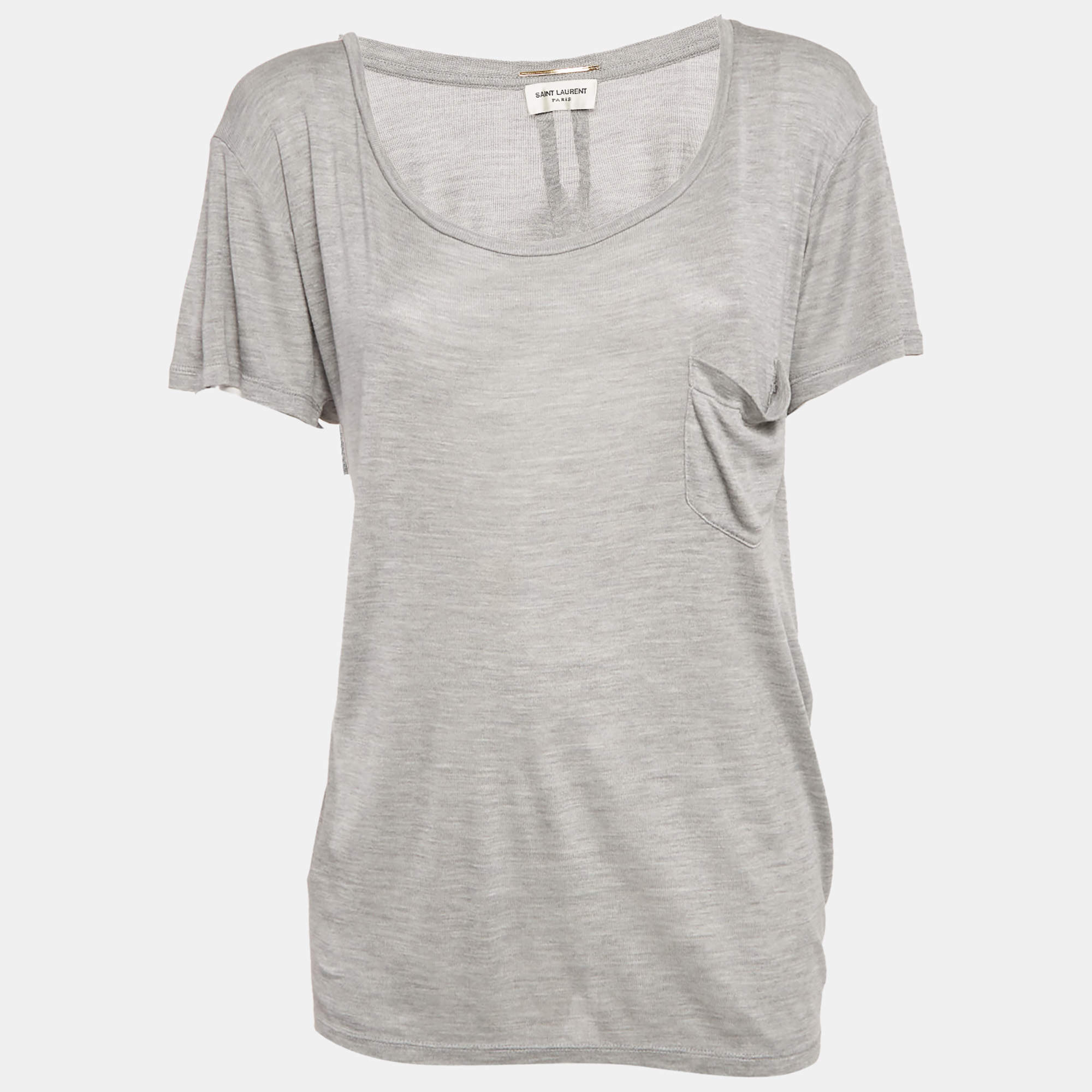 Pre Owned Saint Laurent Grey Melange Silk Knit T-Shirt L