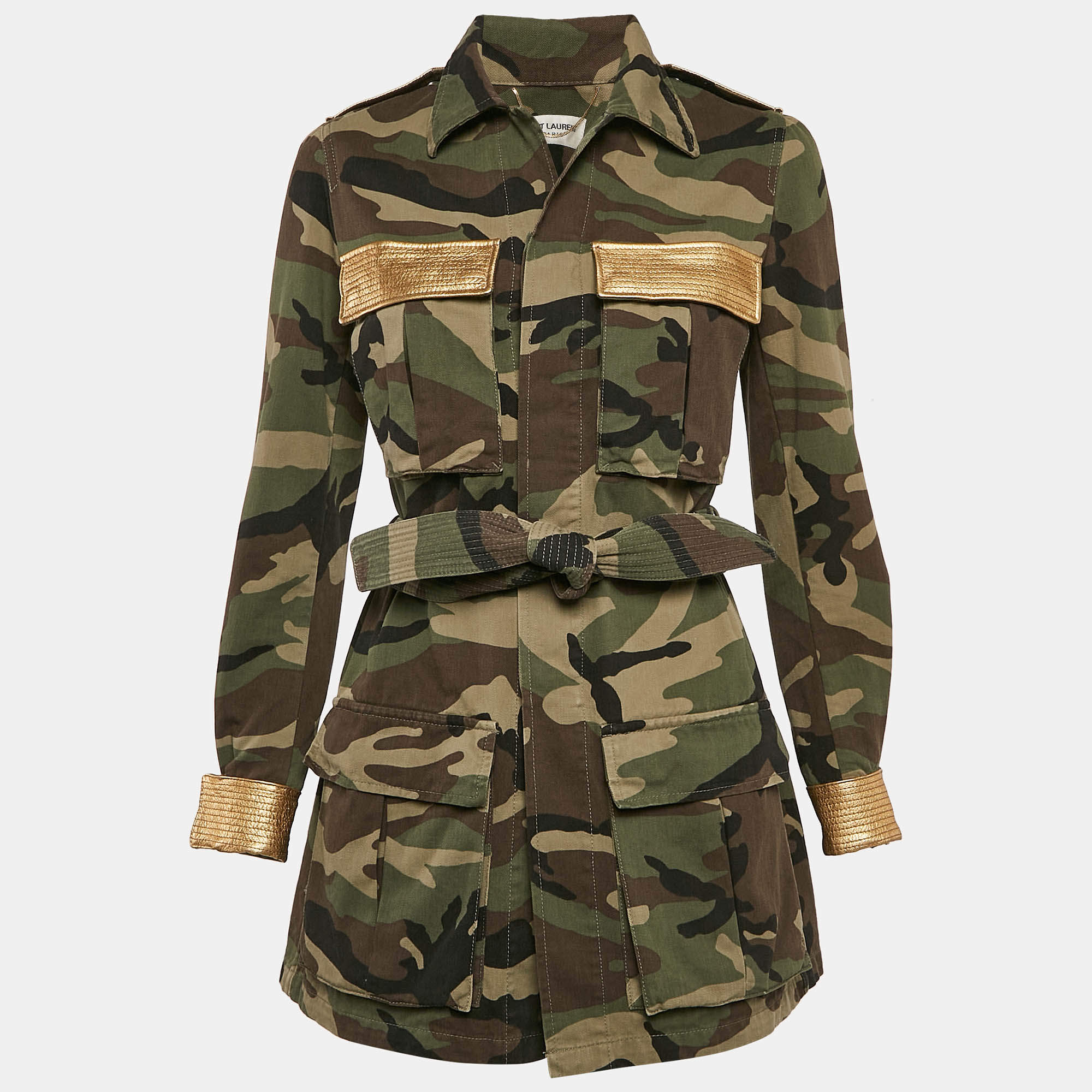 Pre Owned Saint Laurent Green Camo Print Leather Print Cotton Belted Jacket S