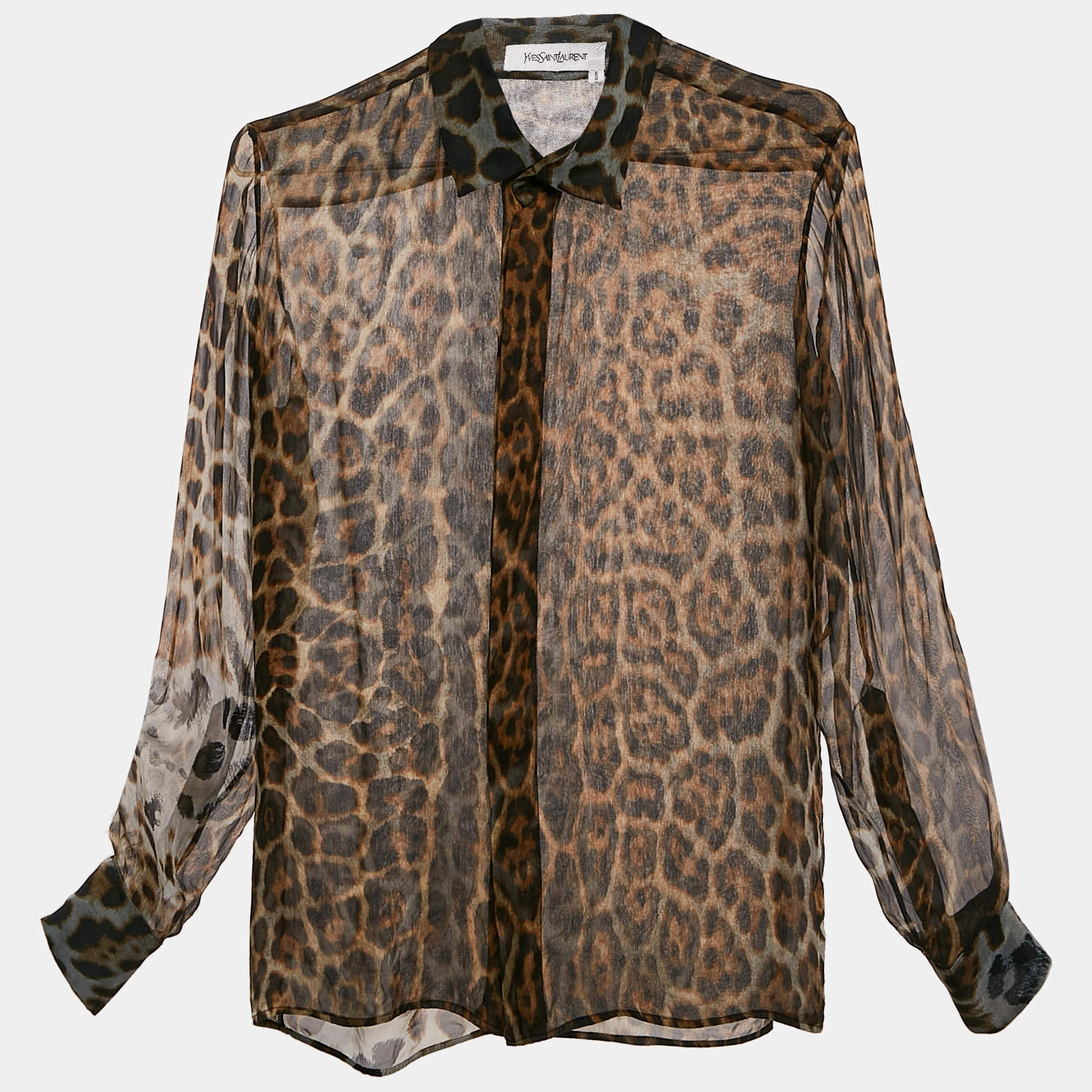 Saint Laurent Brown Leopard Print Silk Sheer Shirt M