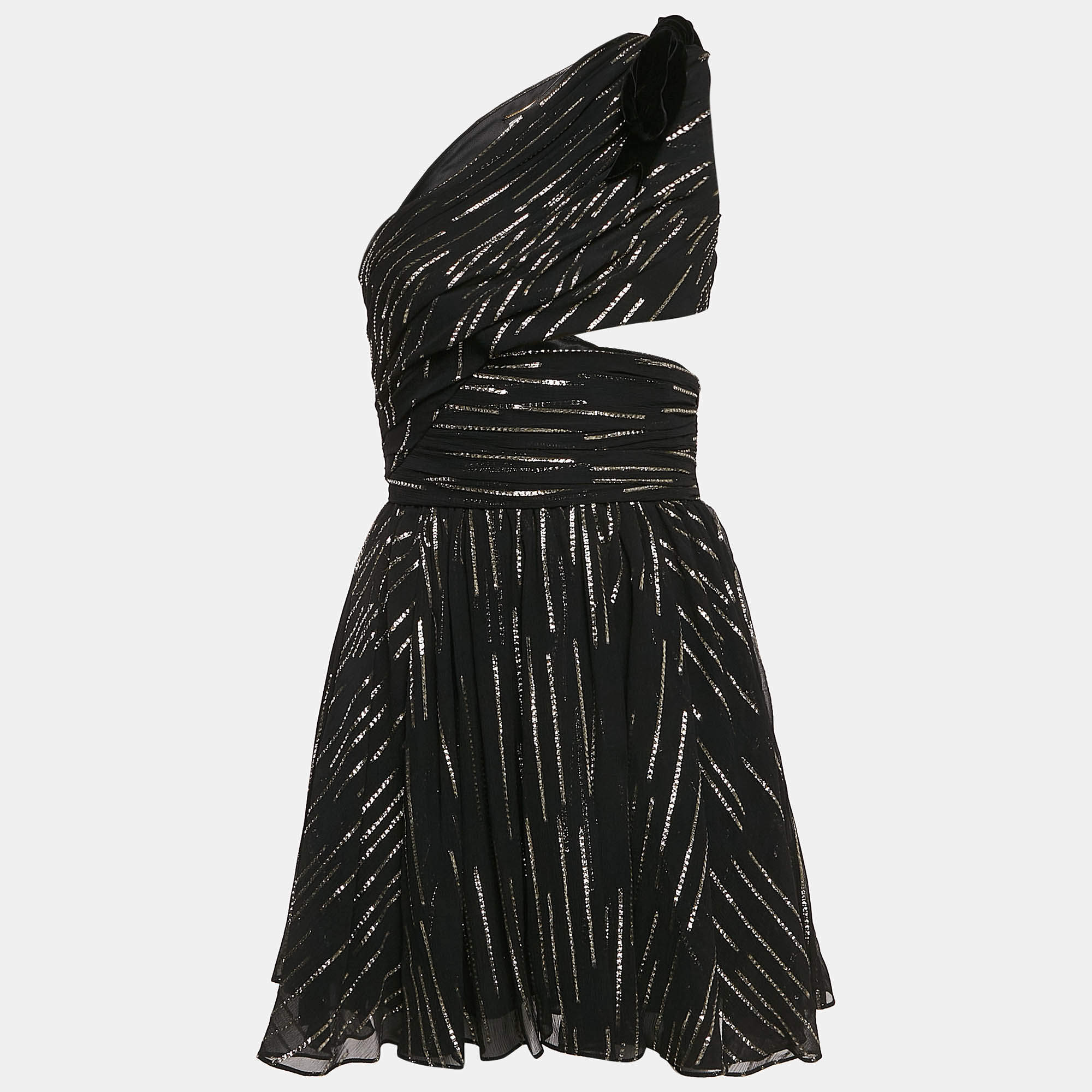 Saint Laurent Paris Black Lurex Silk Draped One-Shoulder Mini Dress M