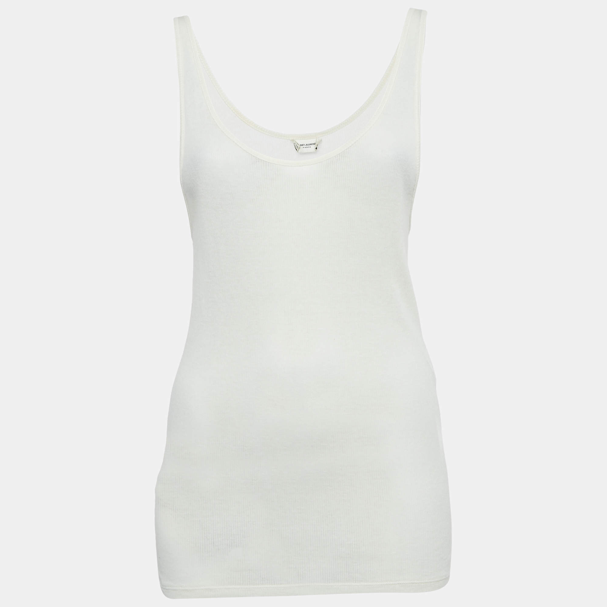 Saint Laurent Paris Cream Rib Knit Semi Sheer Tank Top M