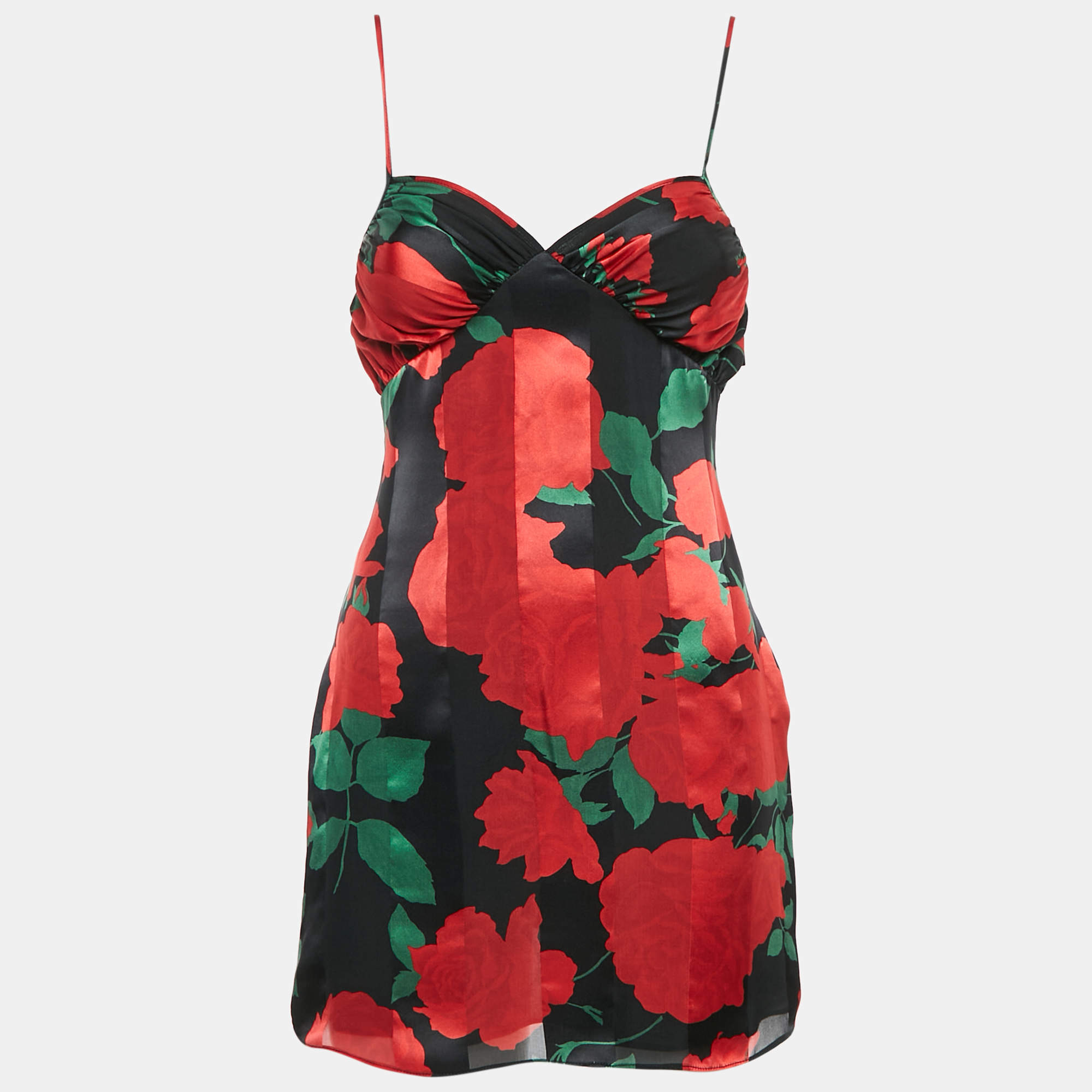Pre Owned Saint Laurent Black/Red Rose Print Satin Silk Mini Slip Dress S