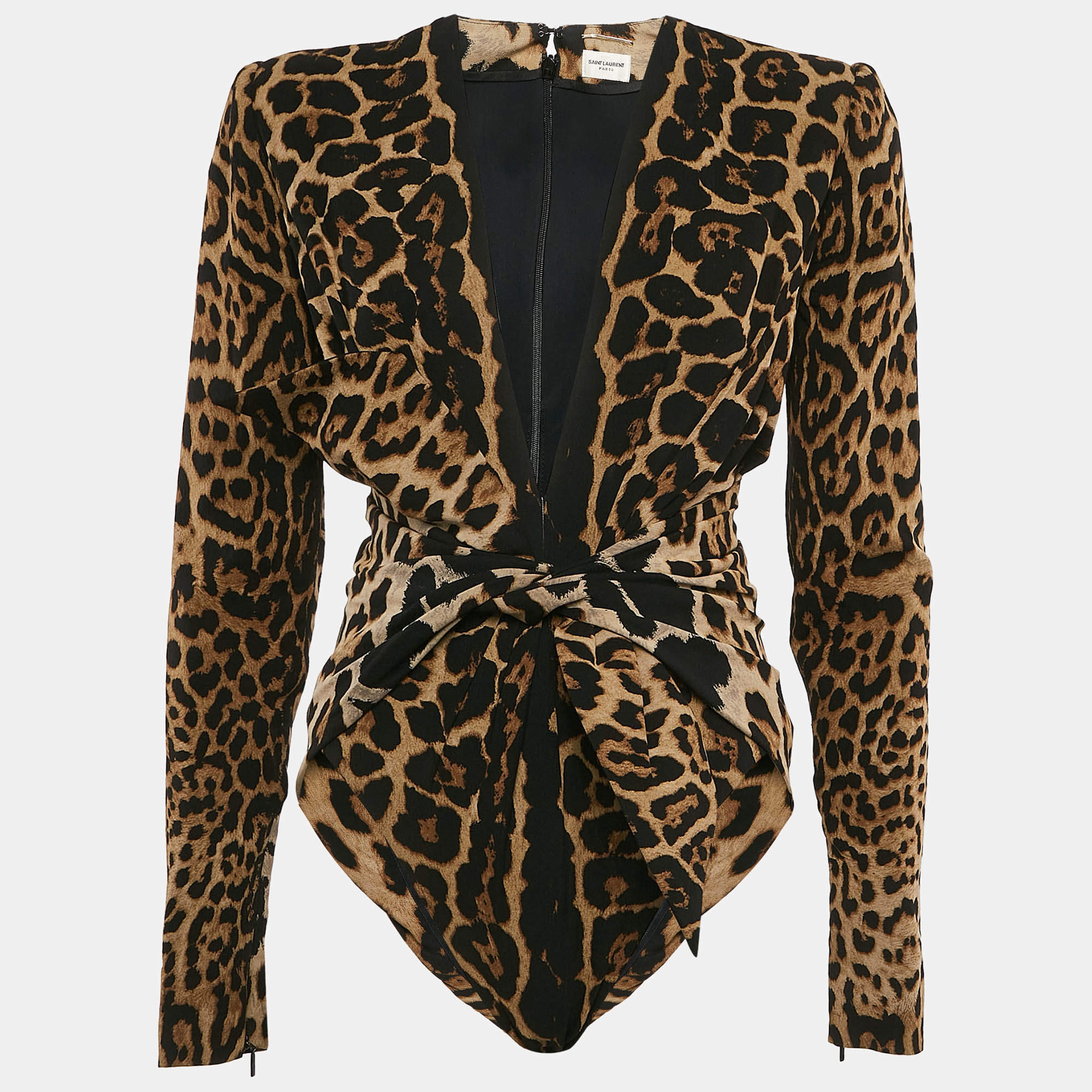 Saint Laurent Paris Brown Leopard Print Crepe Full Sleeve Bodysuit M