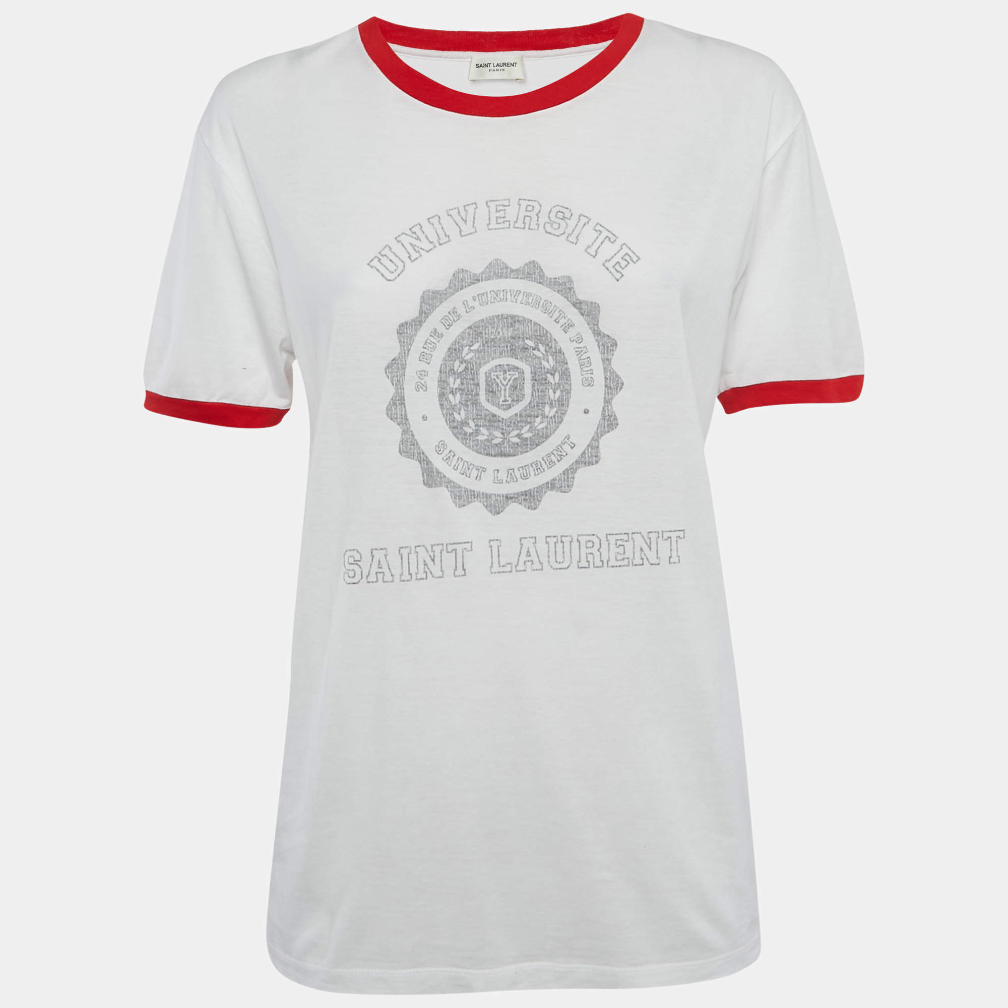 Pre Owned Saint Laurent White Universite Print Jersey T-Shirt S