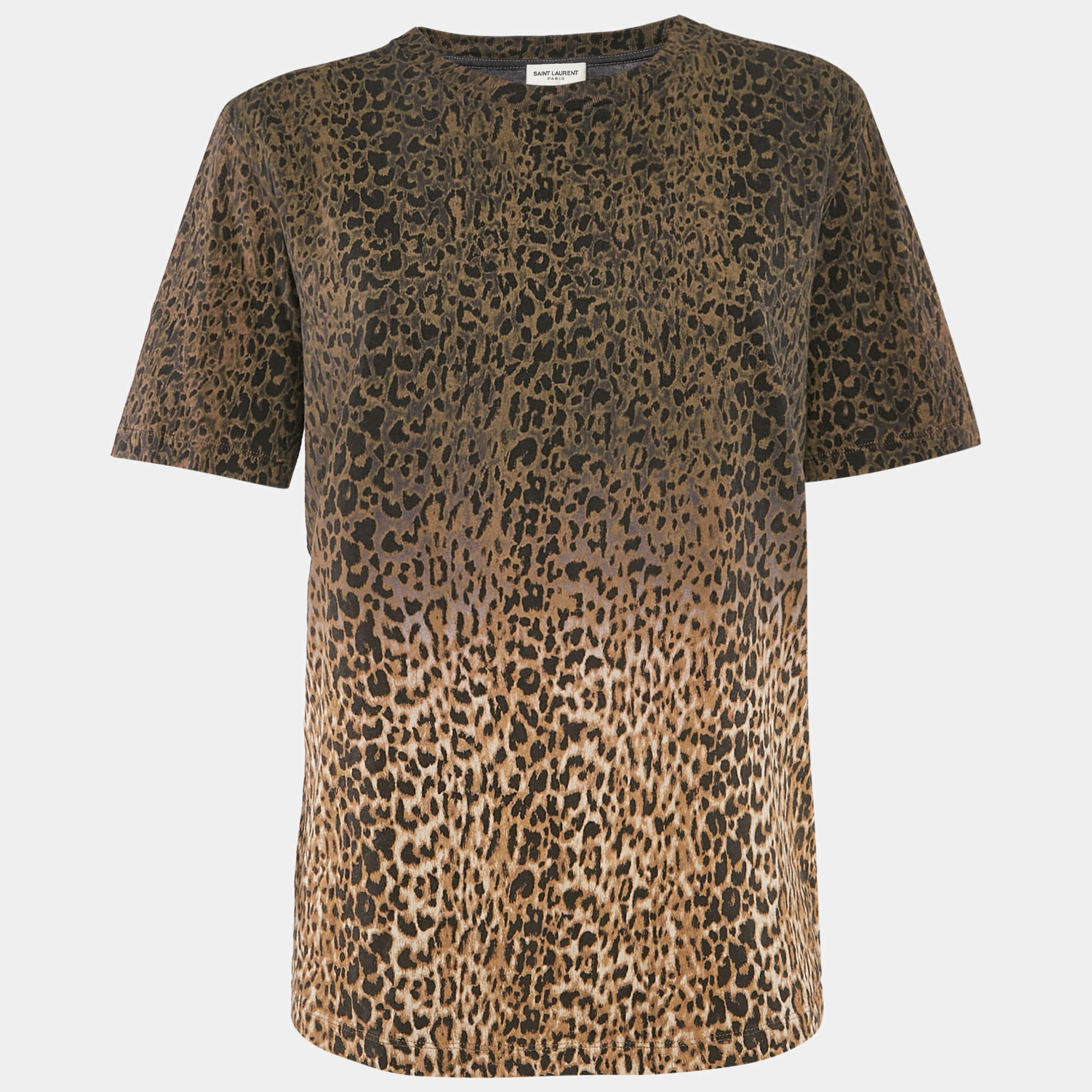 Saint Laurent Brown Animal Print Cotton Crew Neck T-Shirt M