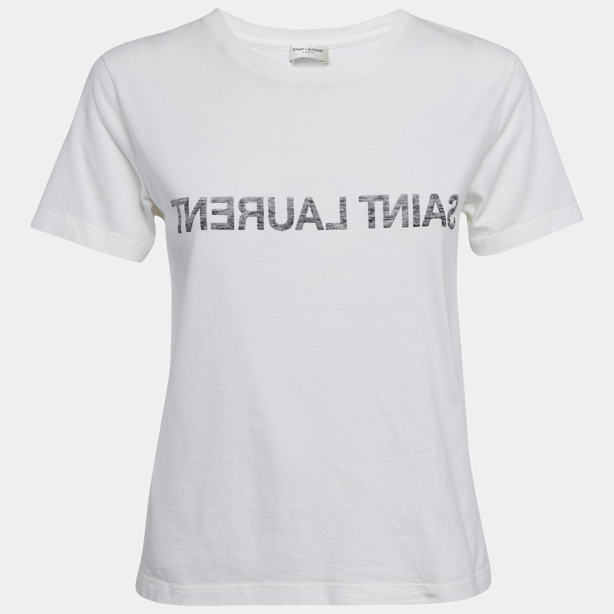 Saint Laurent Off-White Logo Print Cotton Crew Neck T-Shirt XS