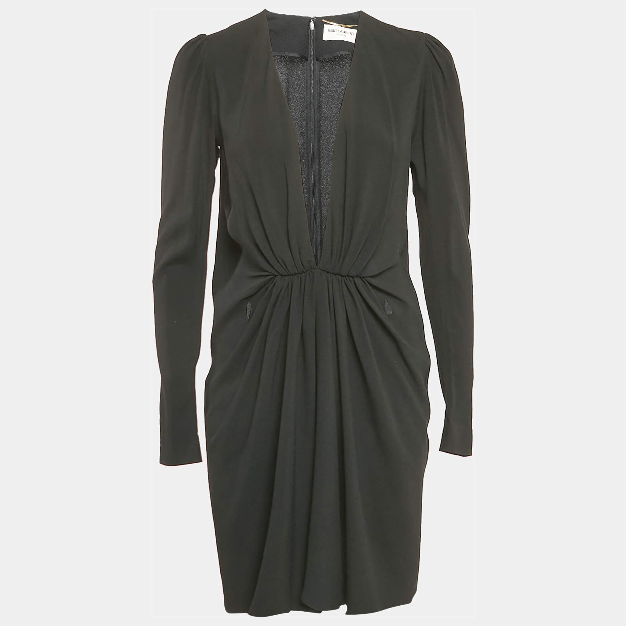 Saint Laurent Black Crepe Plunging Neck Mini Dress M