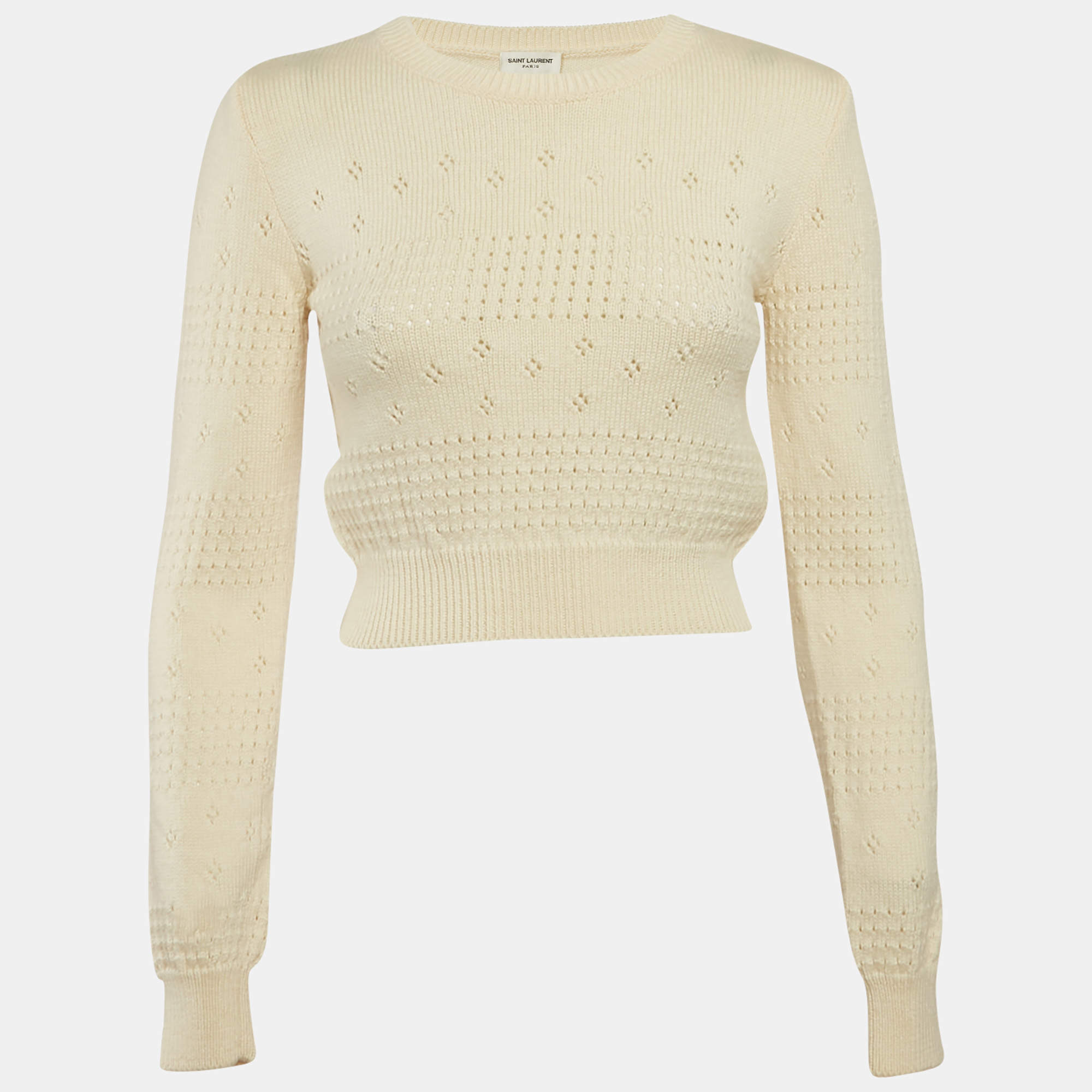 Saint Laurent Cream Pointelle Knit Crop Fisherman Sweater XS