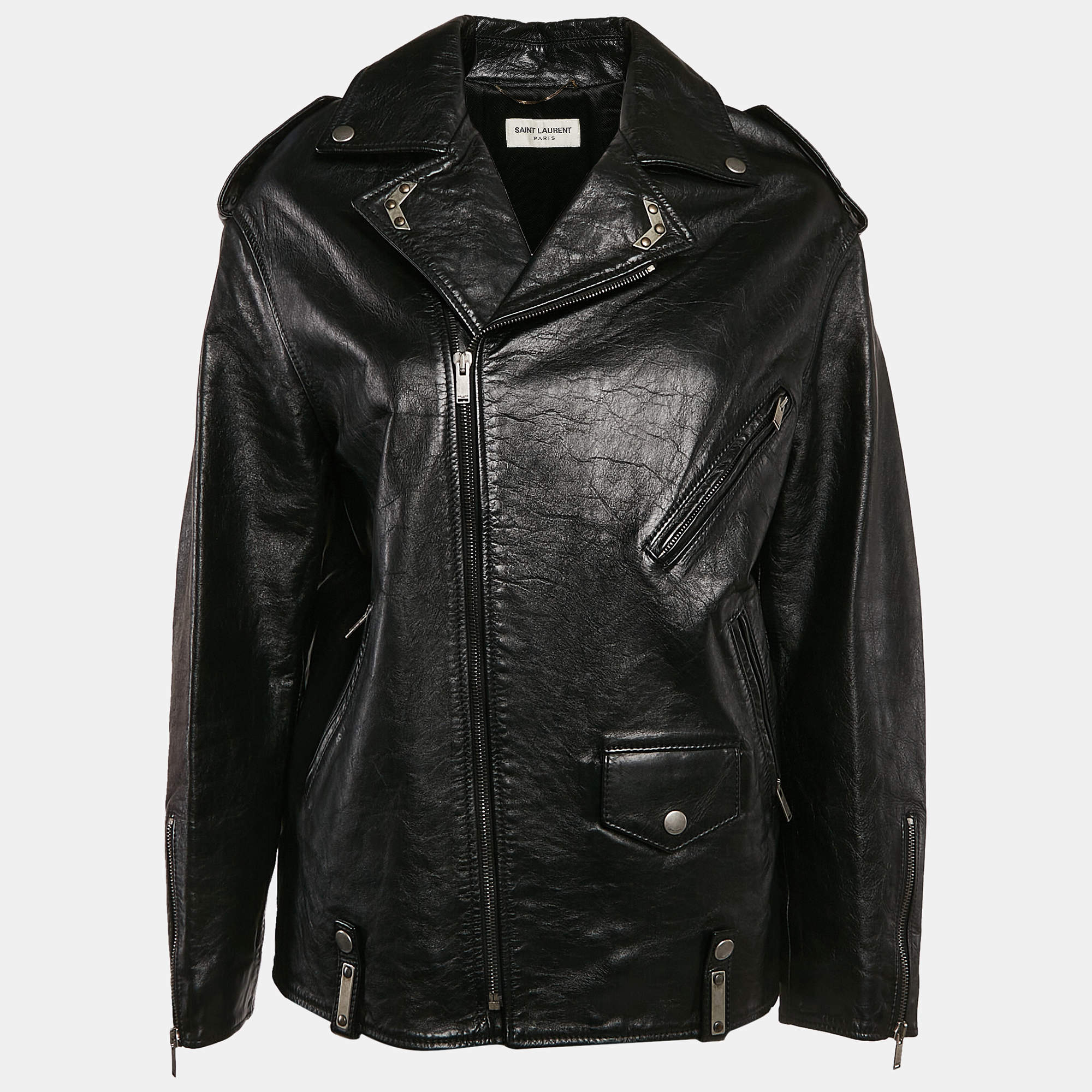 Pre Owned Saint Laurent Black Leather Zip-Up Jacket S