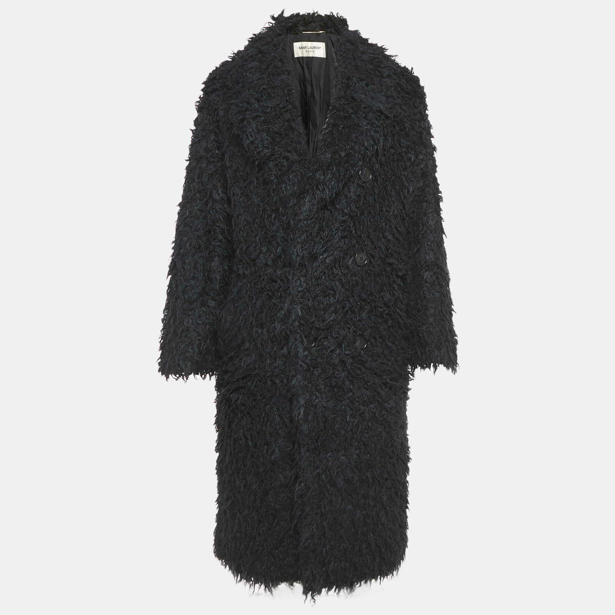Saint Laurent Paris Black Faux Fur Double Breasted Coat S
