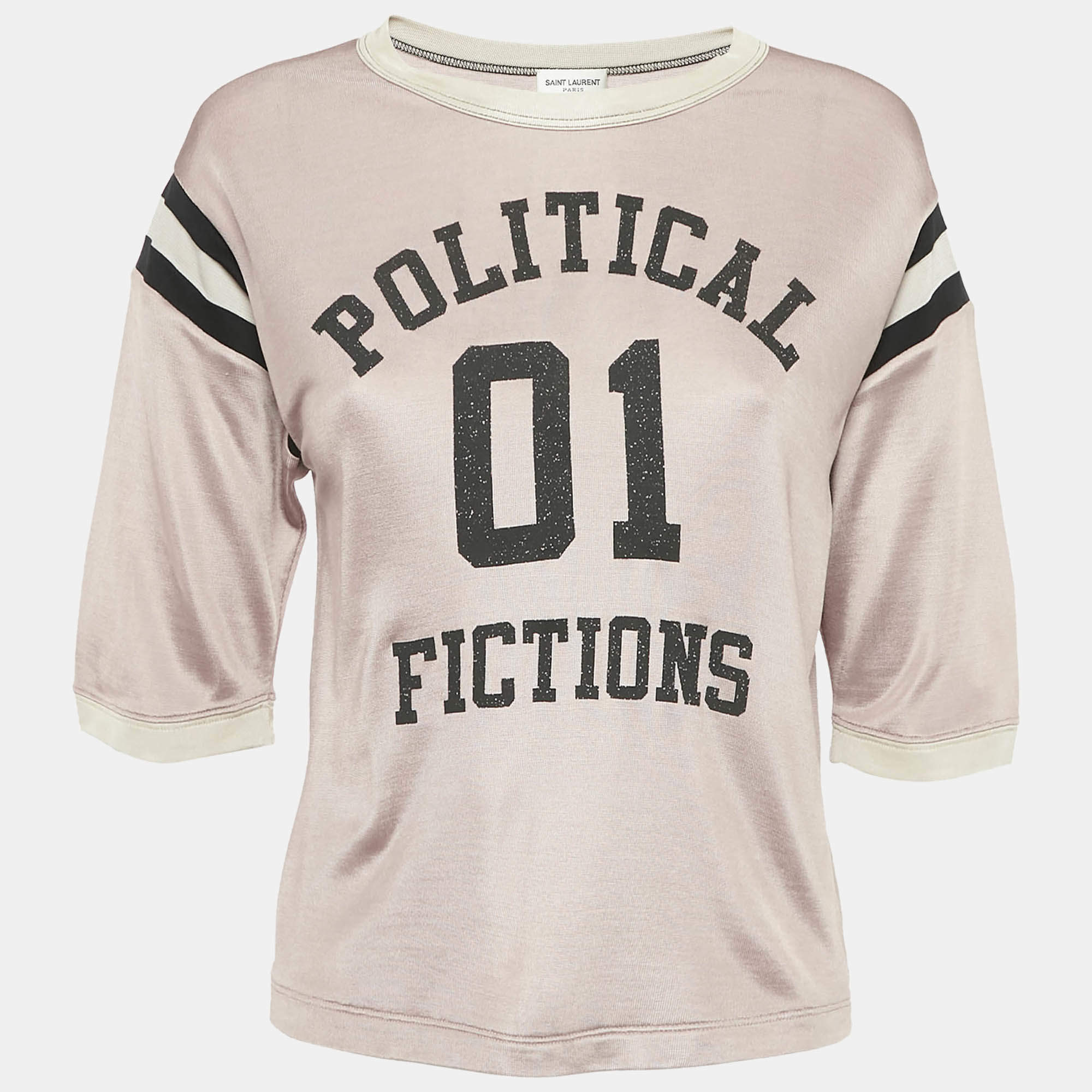 Saint Laurent Pink Varsity Print Jersey Crop T-Shirt S