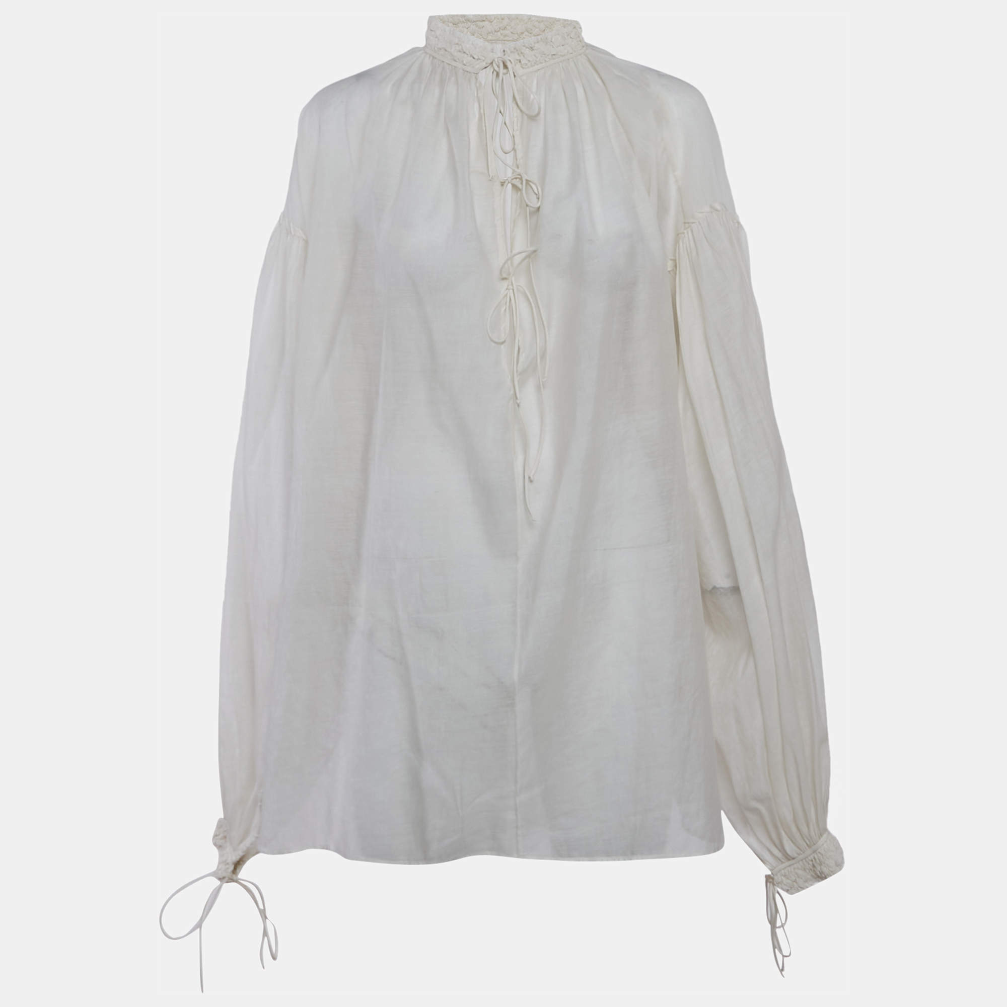 Pre Owned Saint Laurent Paris White Sheer Cotton Blend Tie-Up Detail Oversized Blouse M