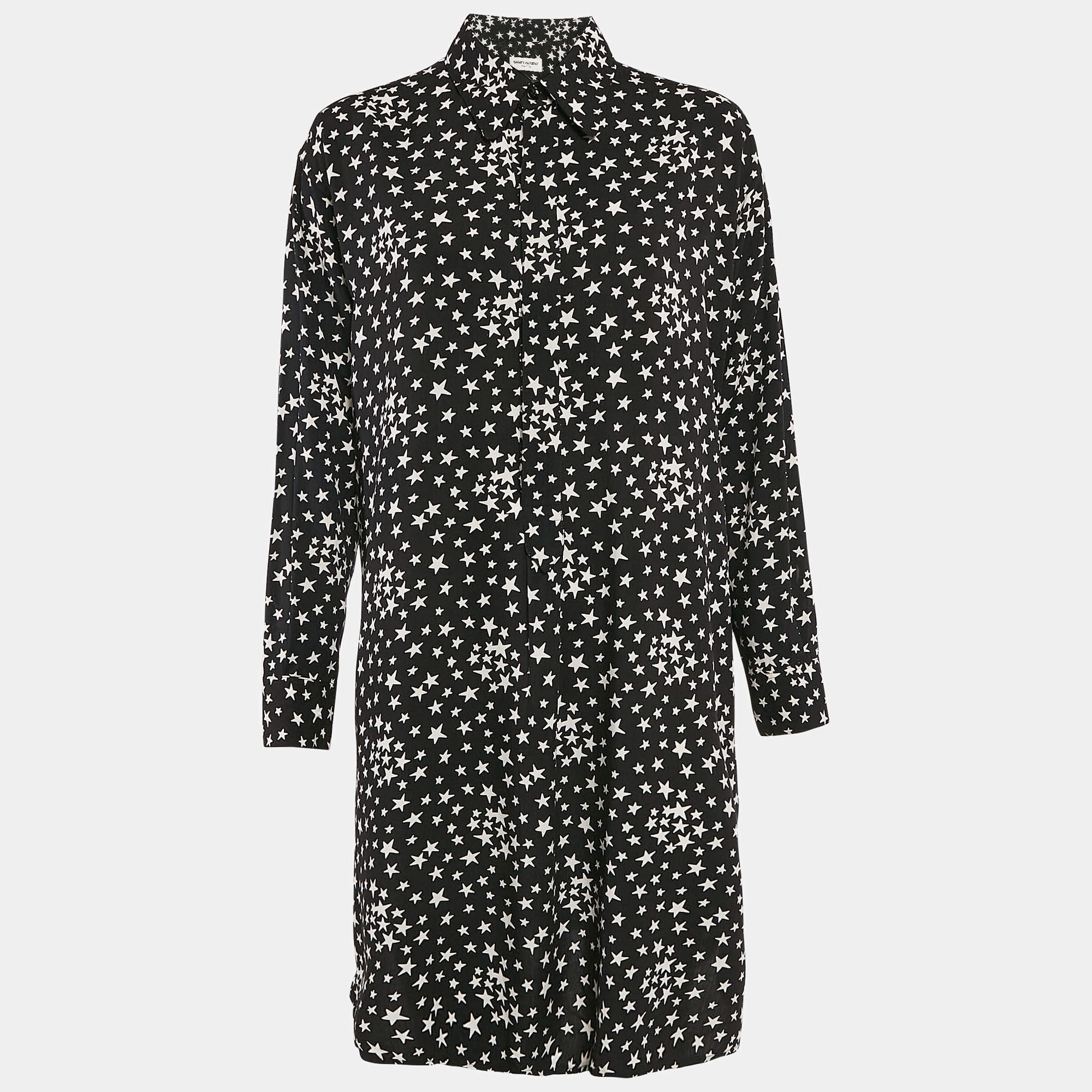 Saint Laurent Paris Black Stars Print Crepe Shirt Dress M