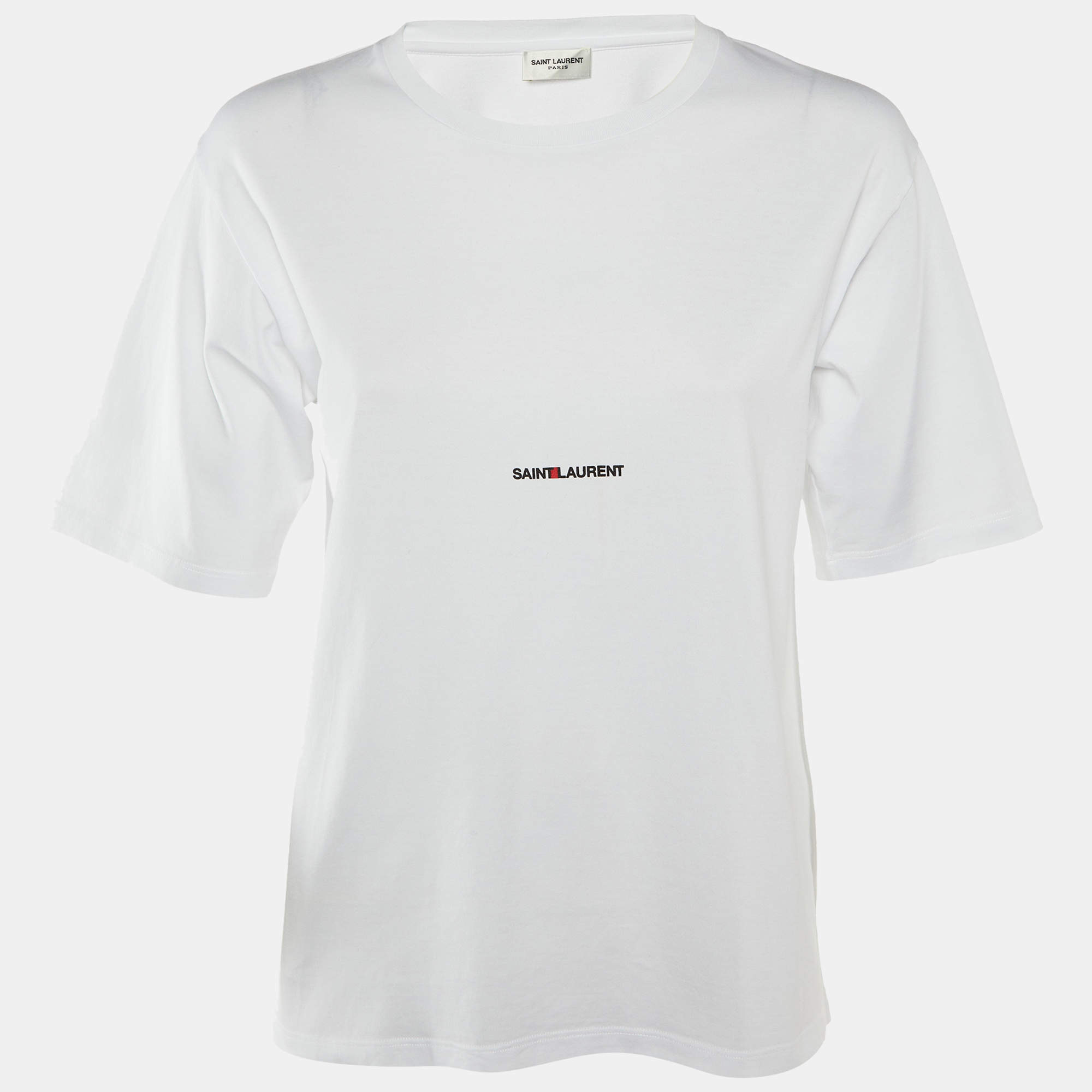 مملوكة مسبقًا Saint Laurent White Logo Print Cotton Crew Neck T-Shirt S
