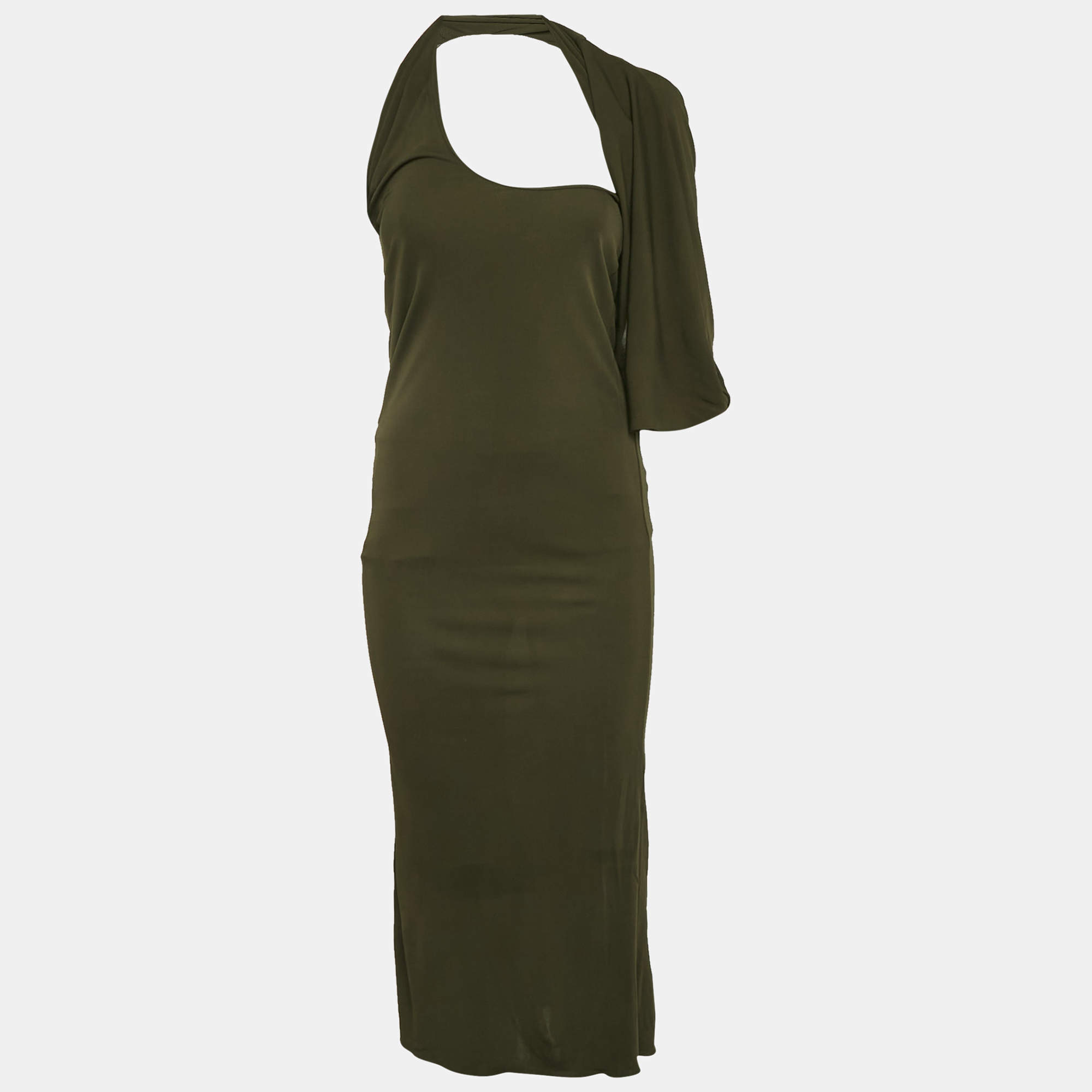 Saint Laurent Paris Green Jersey Asymmetric Maxi Dress S