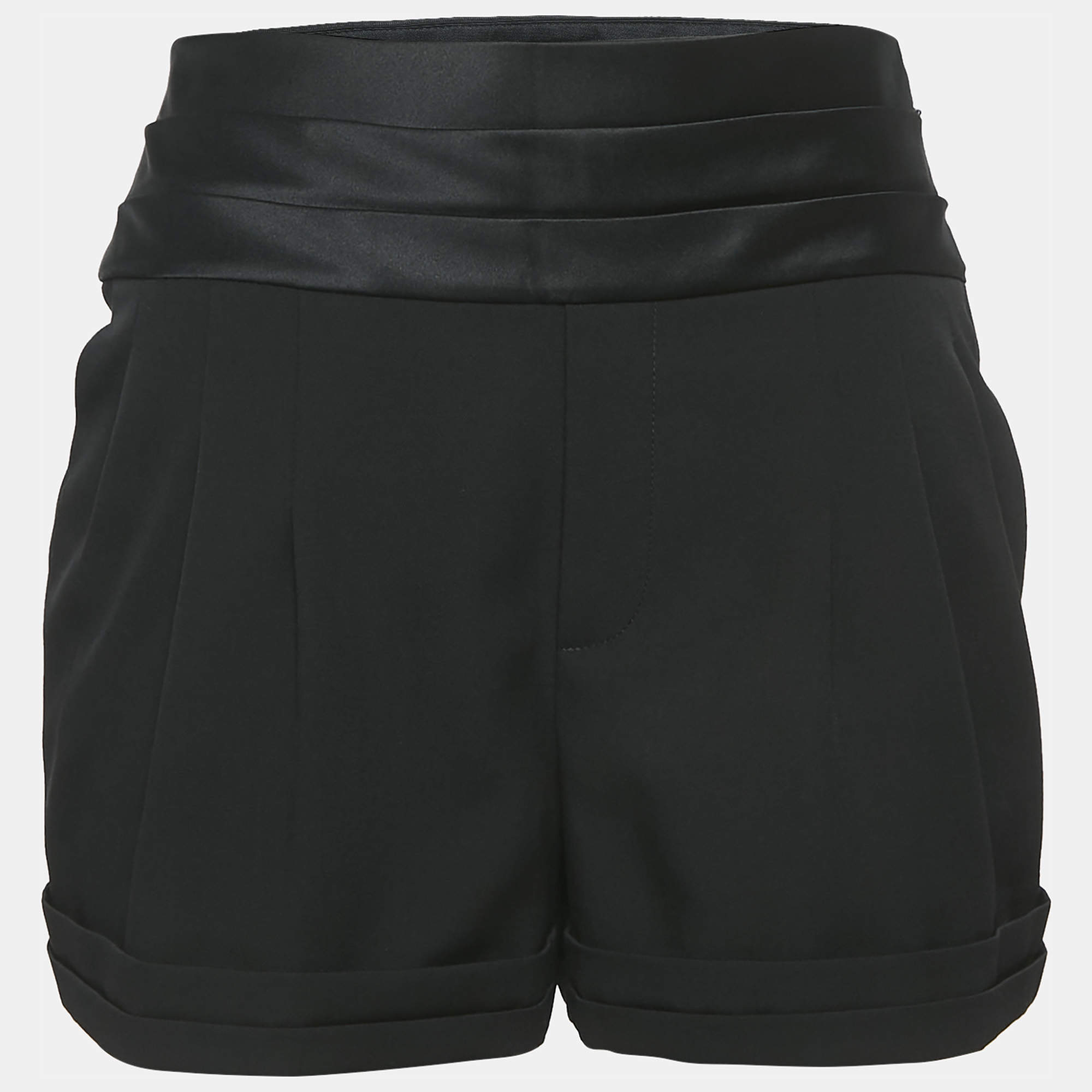 Saint Laurent Black Wool and Satin Trim Pleated Shorts S
