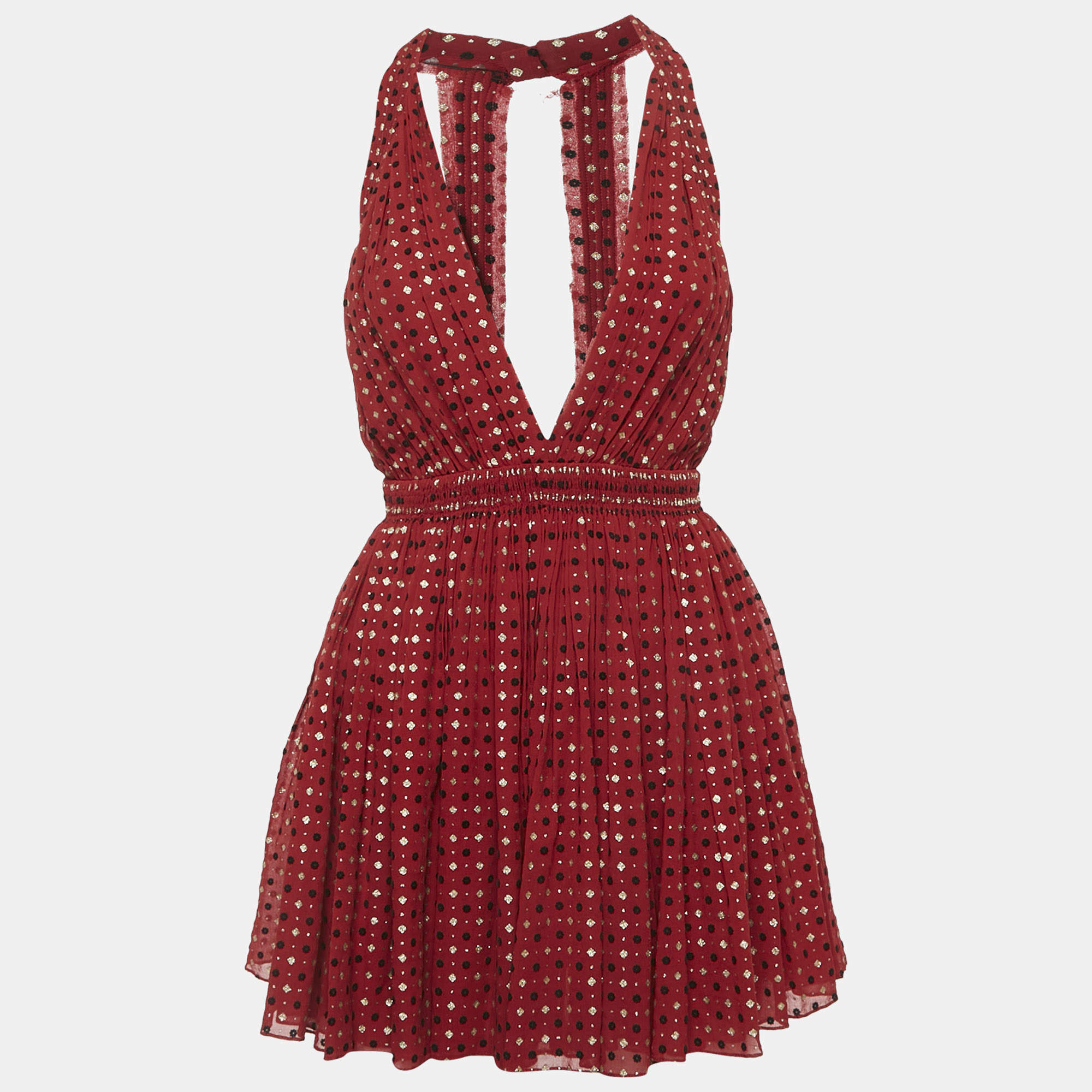 Saint Laurent Paris Red Printed Silk Blend Halter Neck Mini Dress S