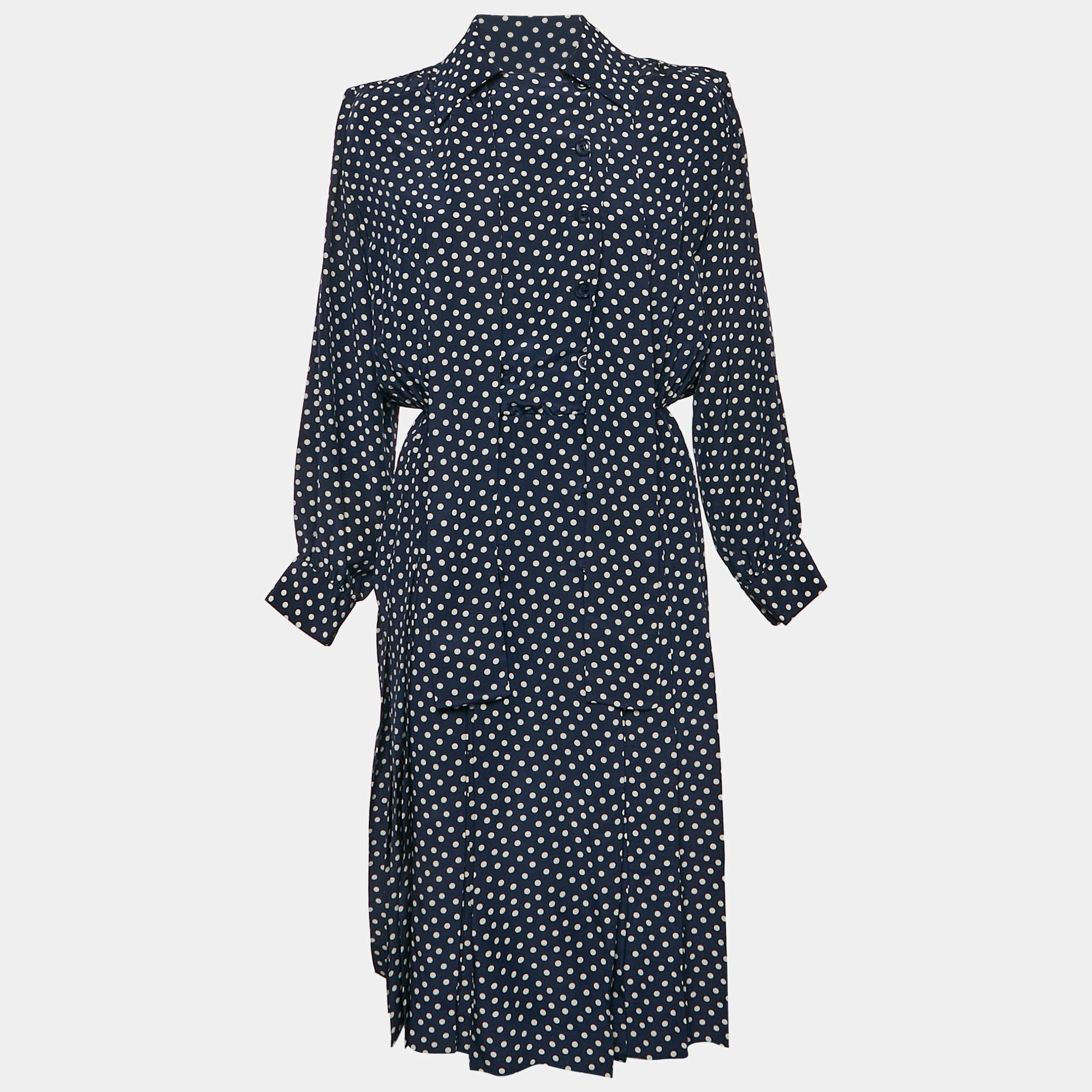 Saint Laurent Rive Gauche Navy Blue Polka Dot Silk Midi Dress M
